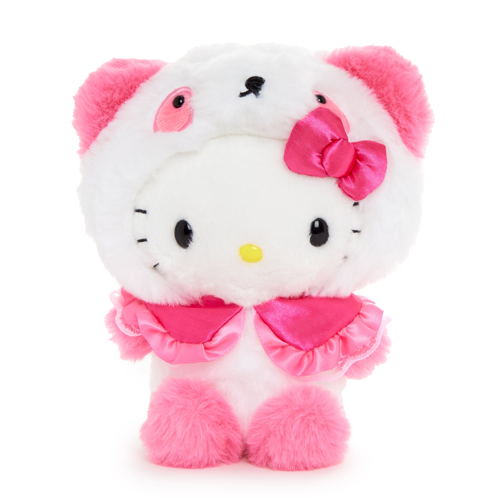 Front view of the Hello Kitty panda bean doll plush toy, showcasing its cute design.