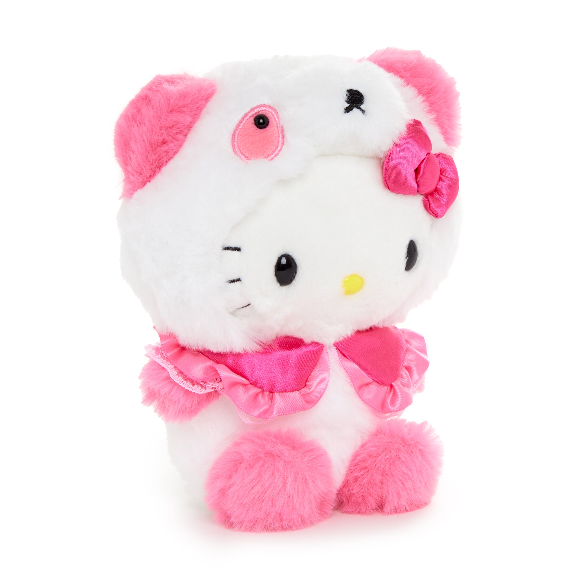Close-up of the embroidered details on the Hello Kitty panda plush.