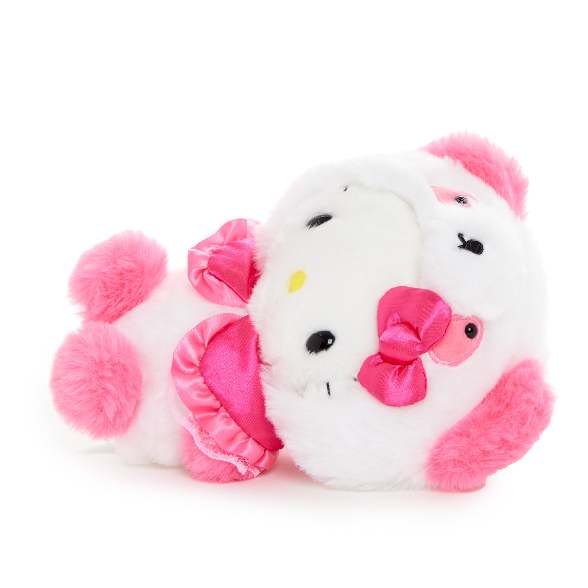 Side view of the Hello Kitty graduation plush with ruffled collar and paws.