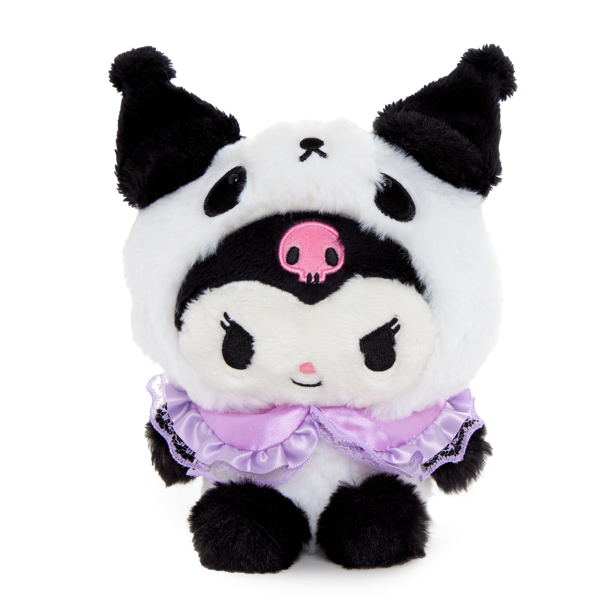 Close-up of Kuromi panda bean doll plush with ruffled collar.