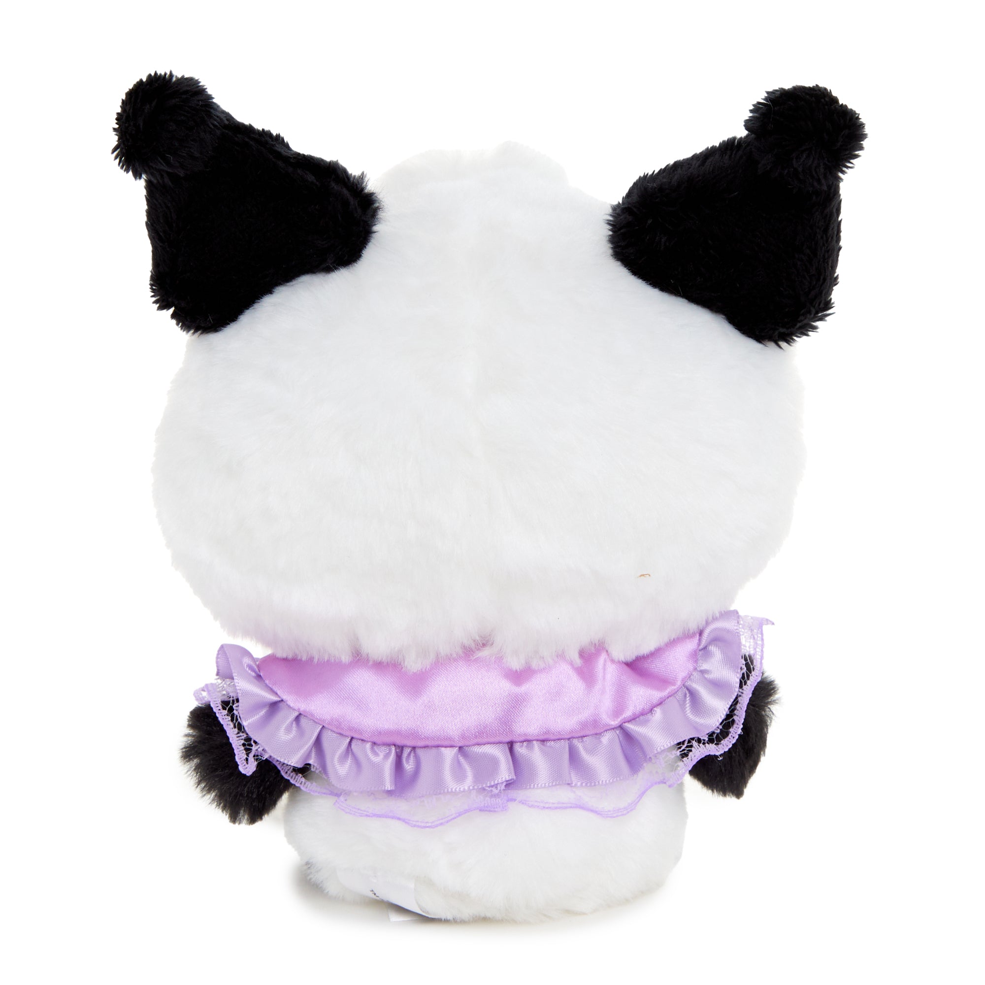 Close-up of Kuromi panda bean doll plush with ruffled collar.