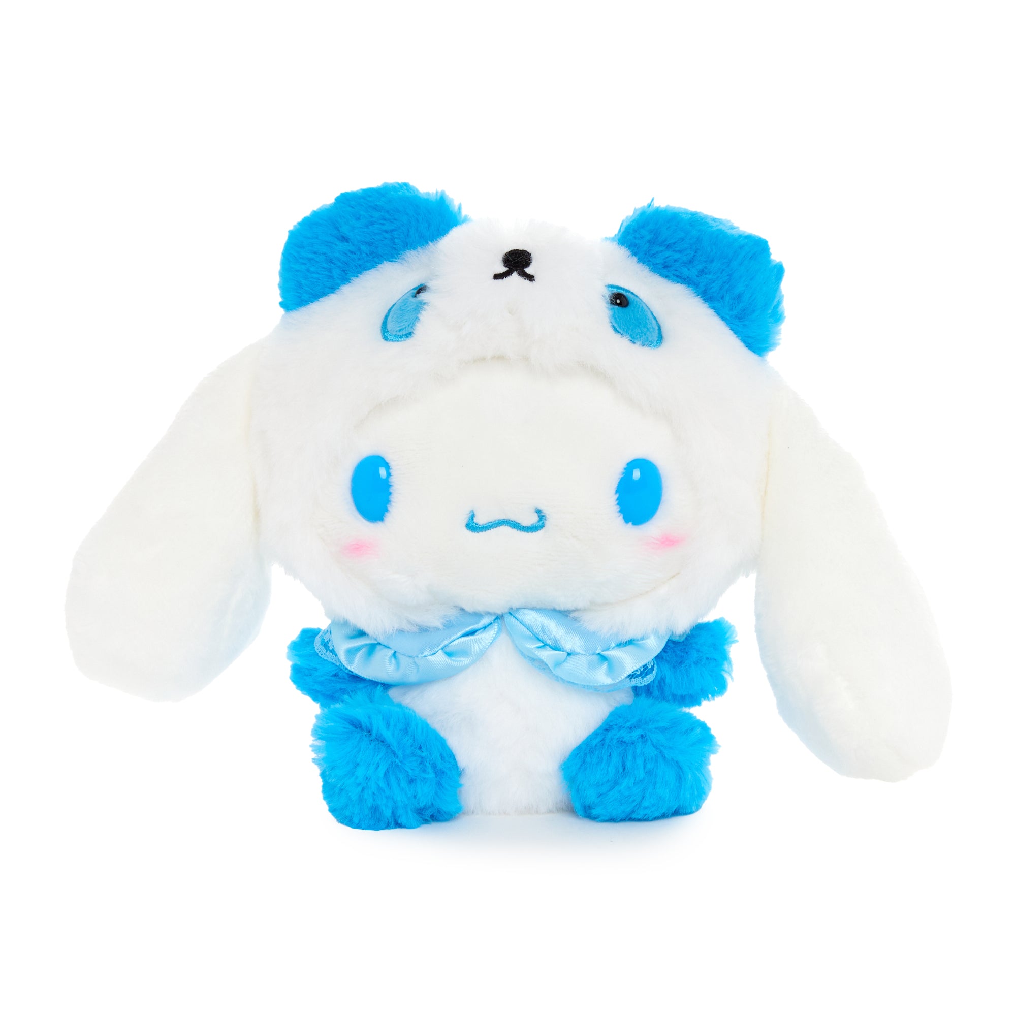 Front view of the large cinnamoroll plush with panda ears and soft textures