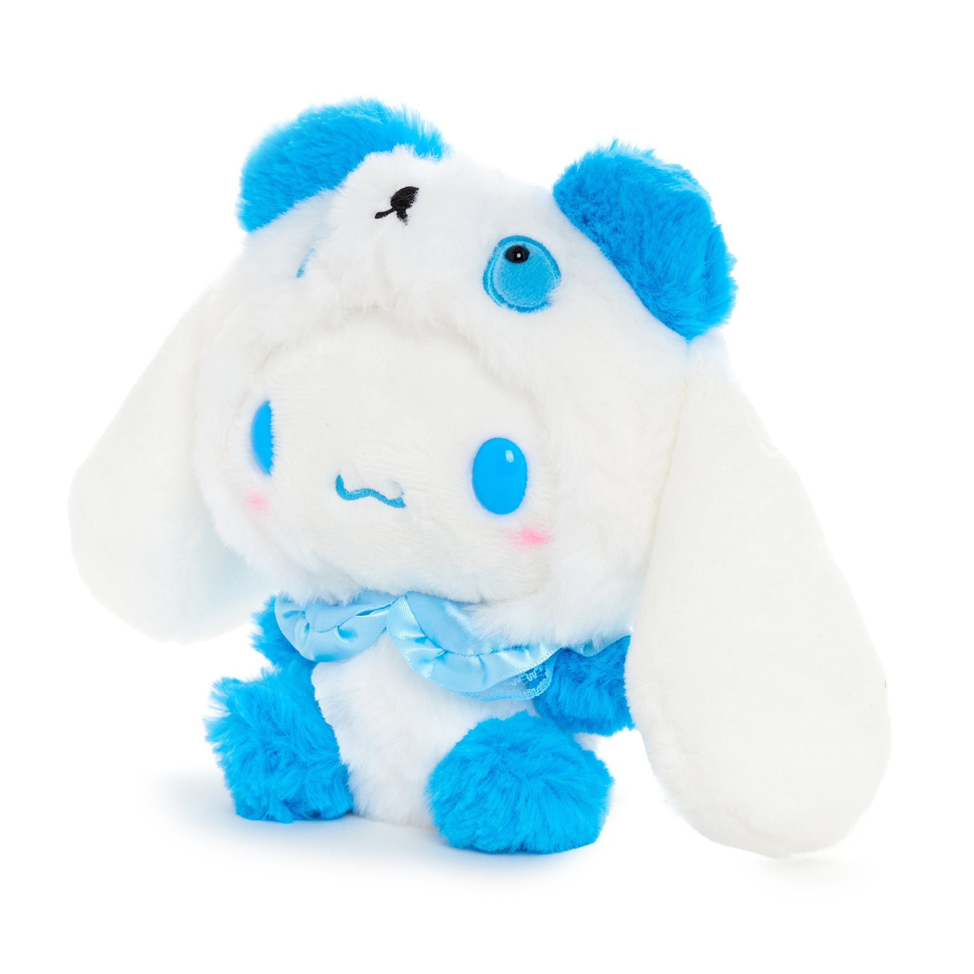 Side angle showing ruffled collar and embroidered paws of the Sanrio panda plush