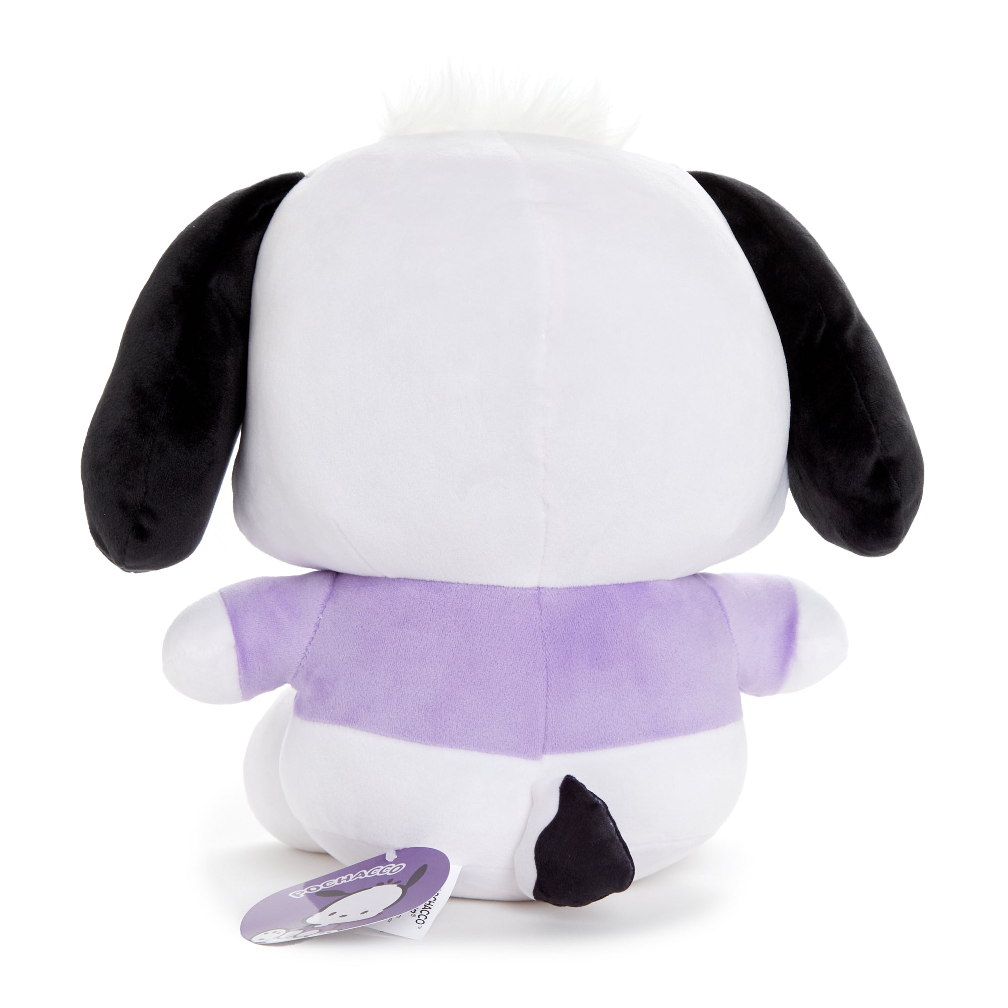 Front view of Pochacco plush toy showing embroidered face and squishable shape