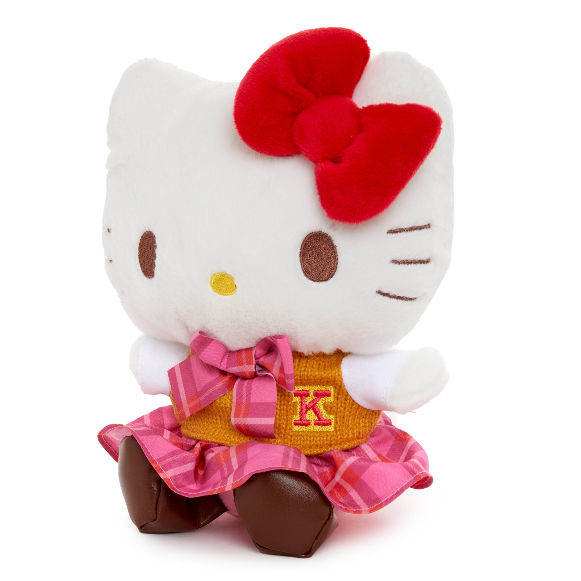 Front view of Hello Kitty plush toy wearing a cute uniform