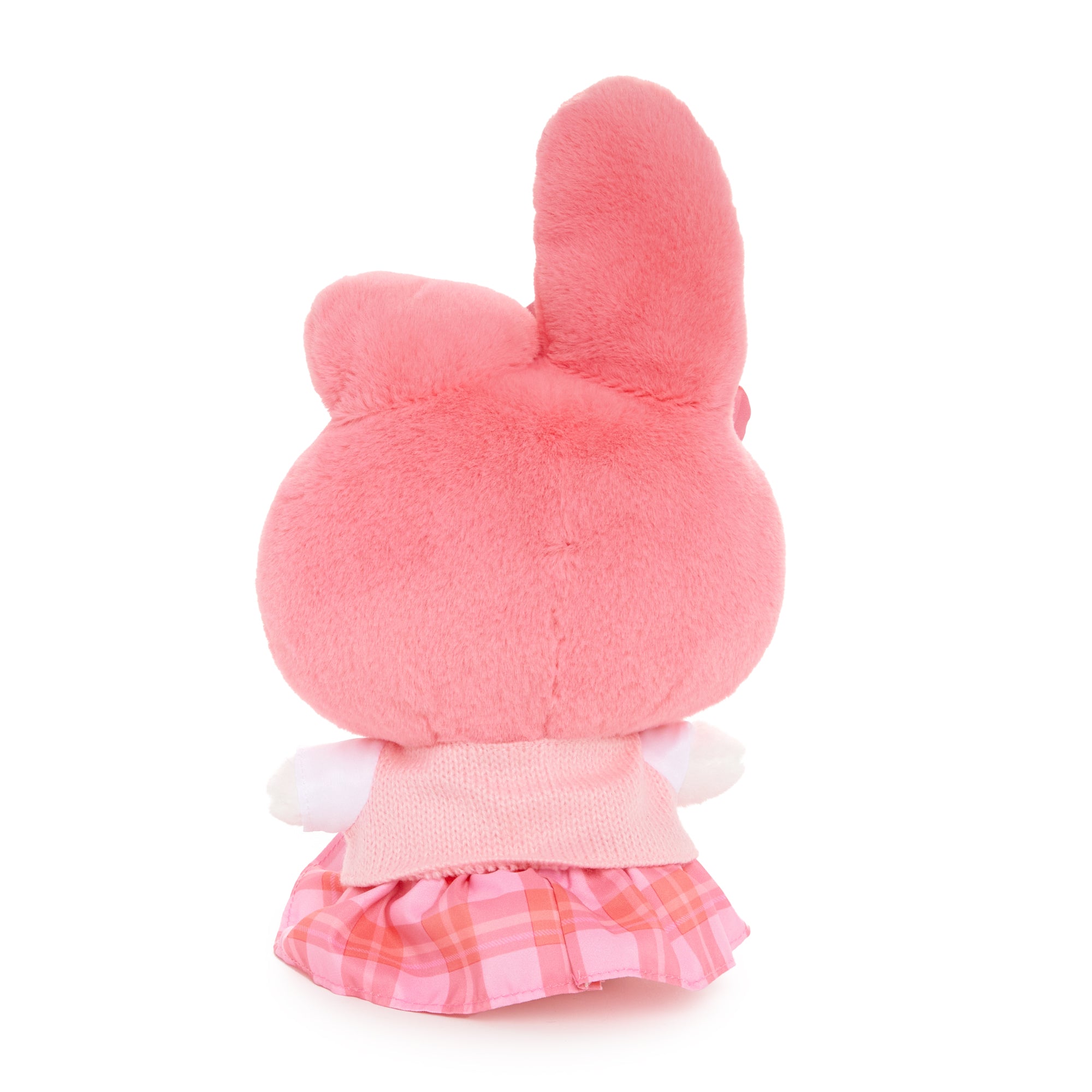 Side view of the Sanrio mocha plush showcasing the knit cardigan