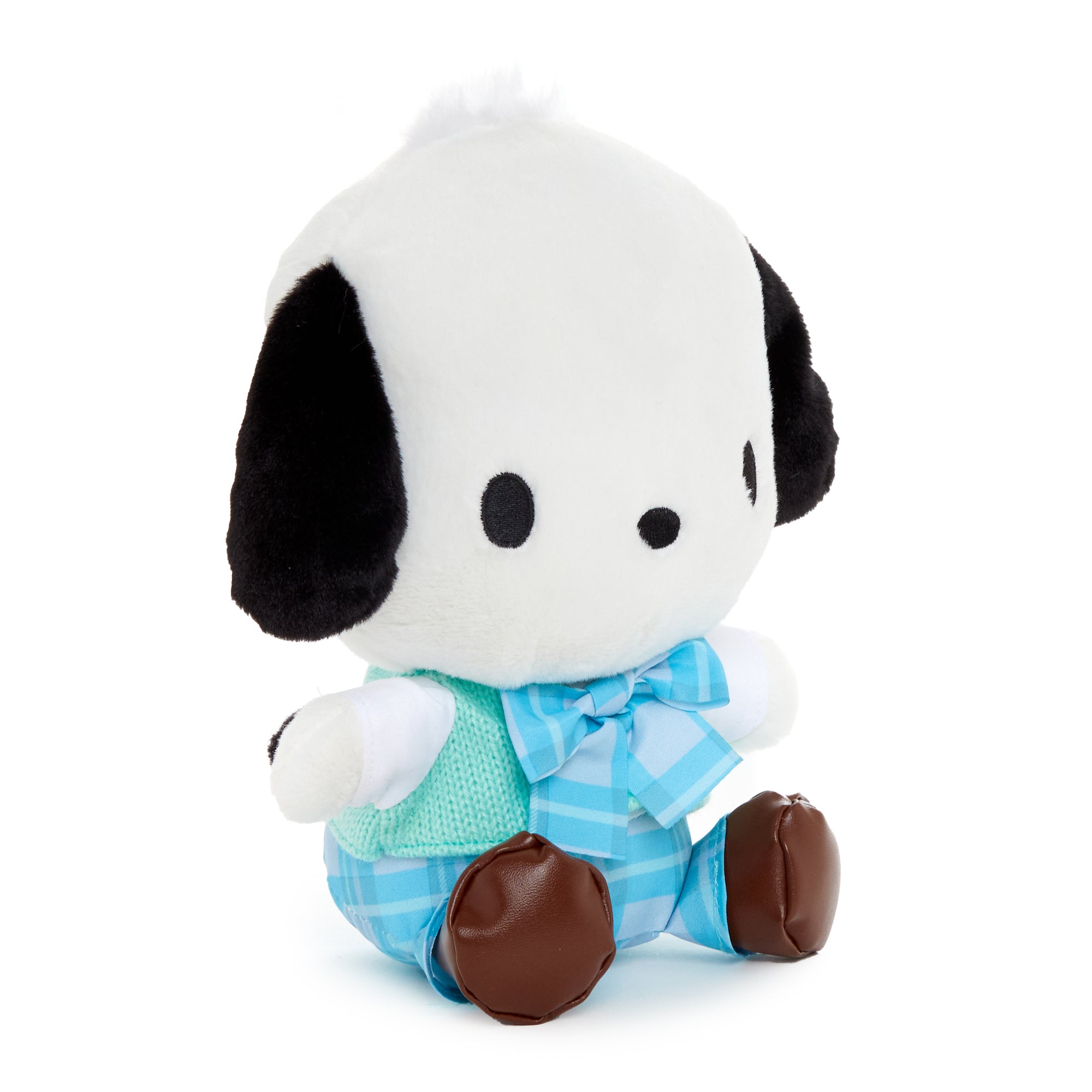 Pochacco plush in uniform with matching knit cardigan, front view