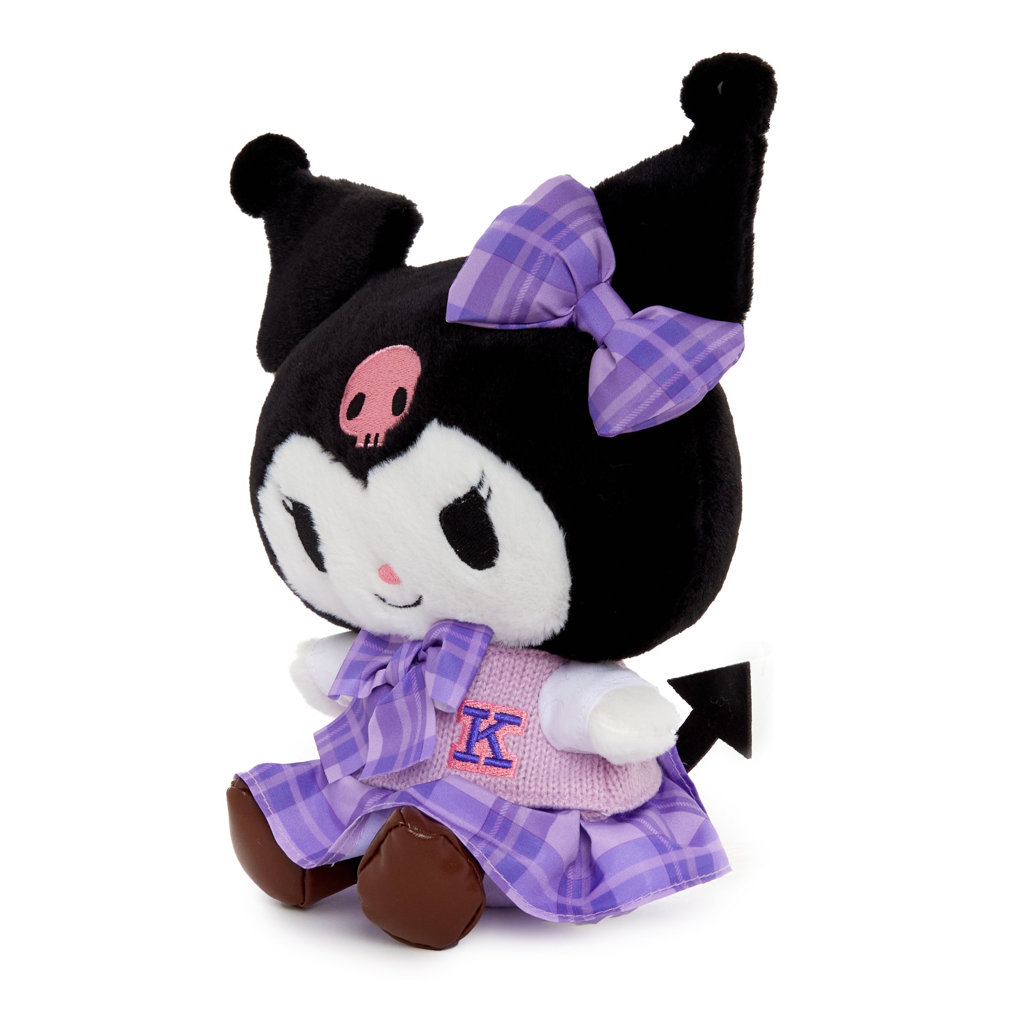 Side angle of the Kuromi plush, showcasing its embroidered details.