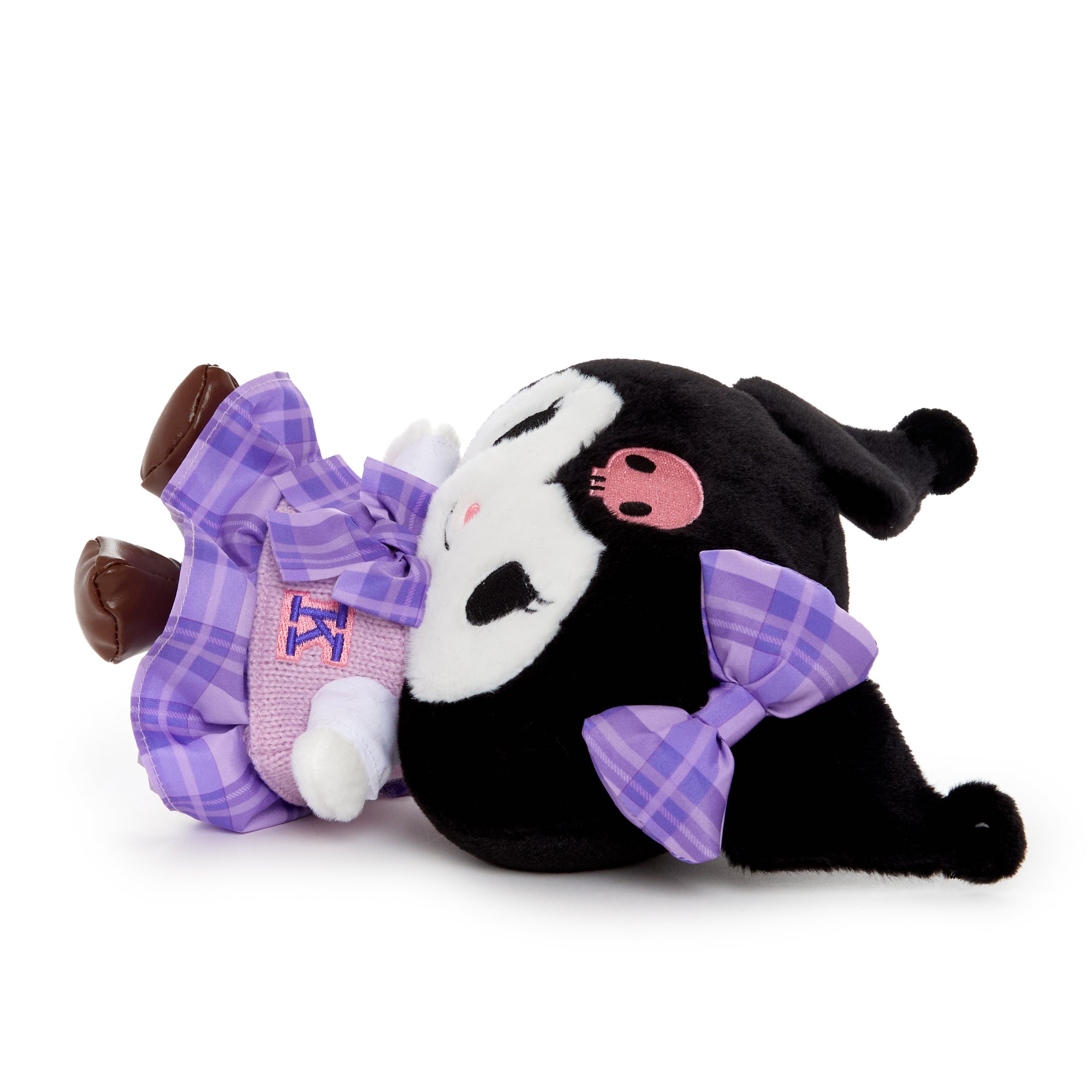 Front view of Sanrio Kuromi plush toy in a stylish uniform.