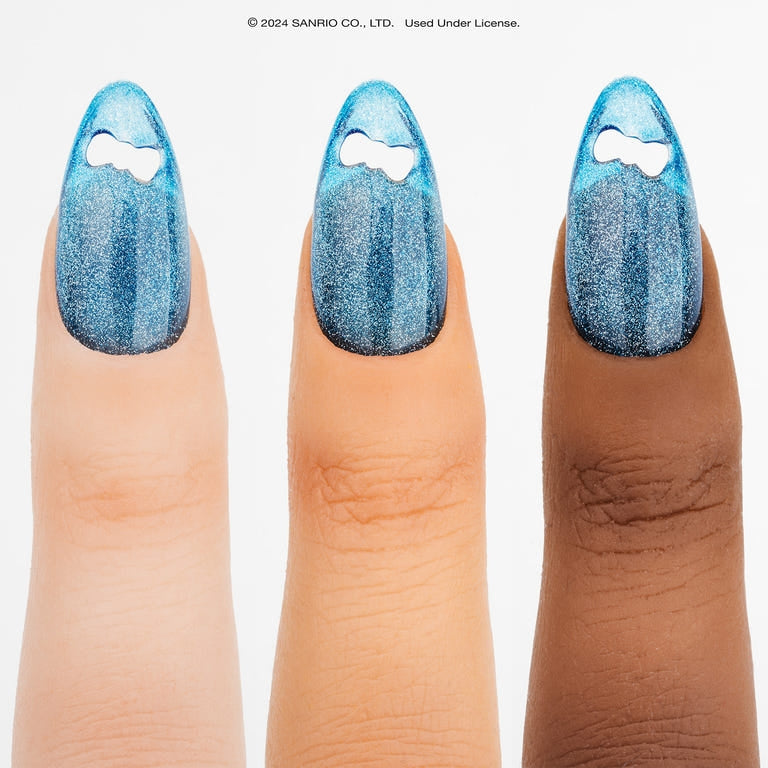 Close-up of colorful Hello Kitty gel nail polish application.