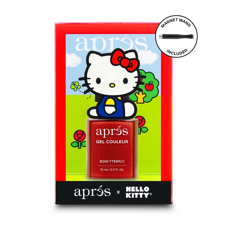Studio shot of Hello Kitty nail gel kit with all included items for gel x nails near me