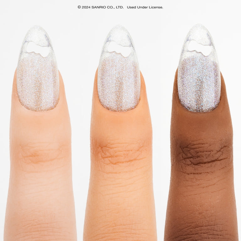 Close-up of Hello Kitty gel nails with color-shifting effects and magnetic design