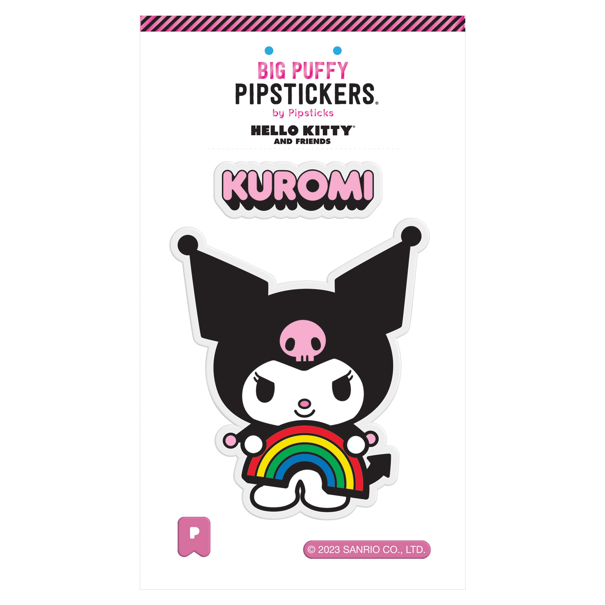 Close-up of Kuromi big puffy stickers against a colorful background.