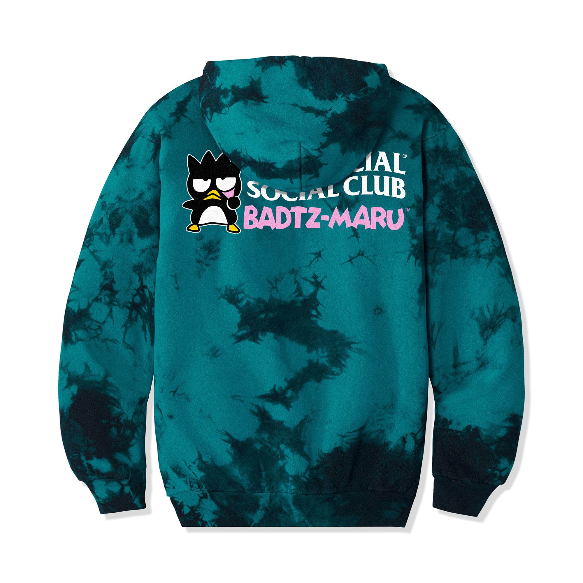 Close-up of Badtz Maru hoodie logo mash-up with Hello Kitty streetwear aesthetic.