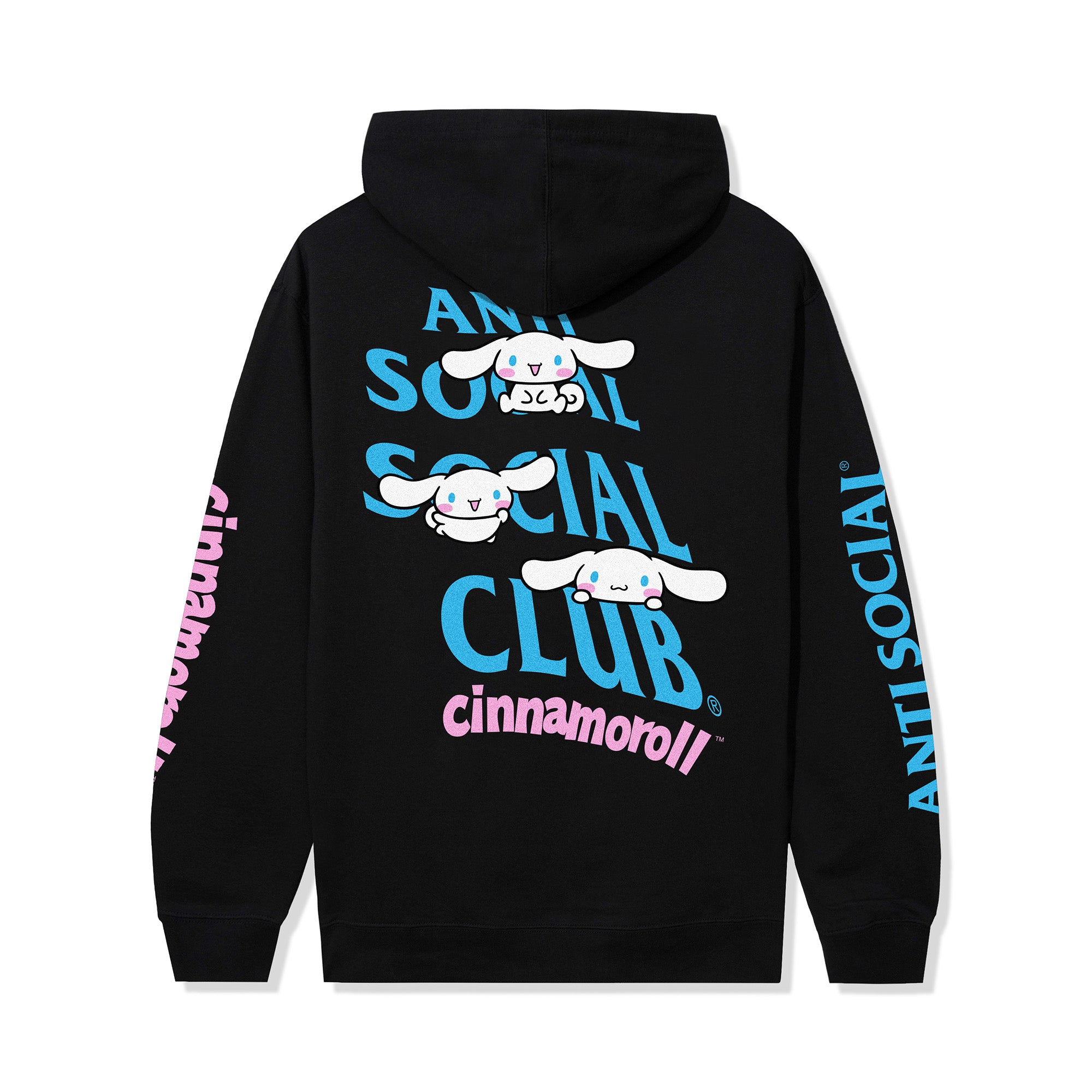 Front view of Anti Social Social Club black hoodie with Cinnamoroll embroidery