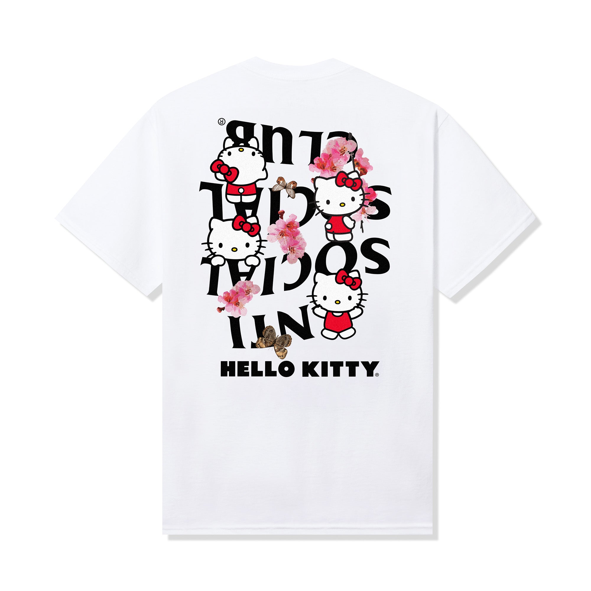 Close-up of the Hello Kitty sakura graphic on the front of the white t shirt