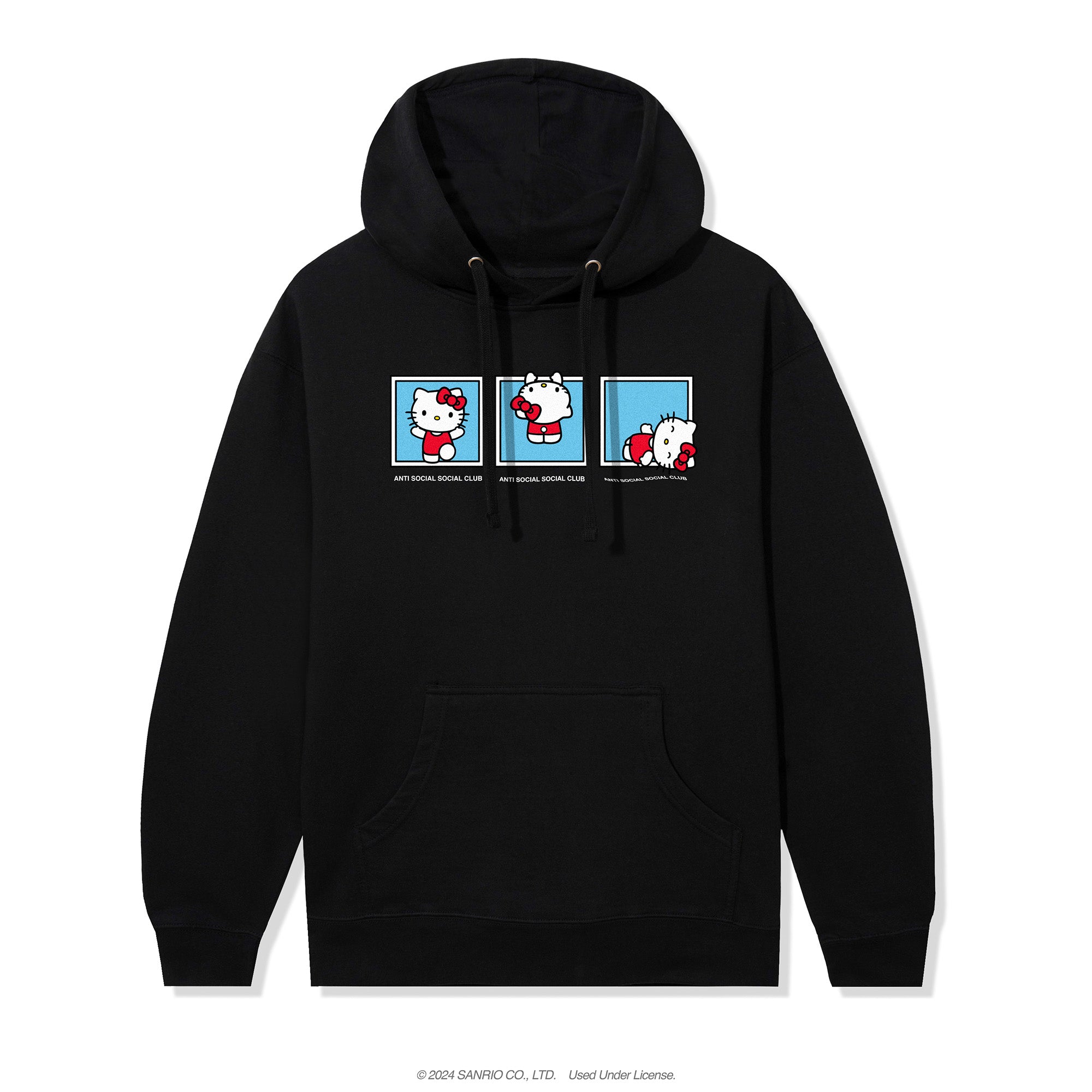 Front view of the Hello Kitty x ASSC hoodie showcasing playful logo mash-up design.