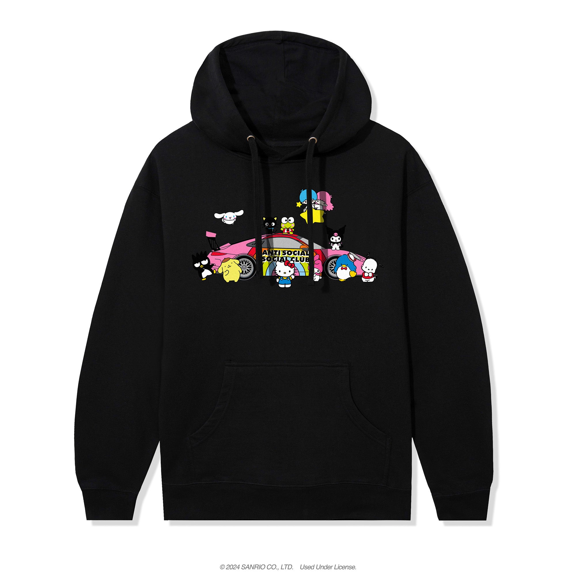 Front view of the black Hello Kitty hoodie with logo mash-up design