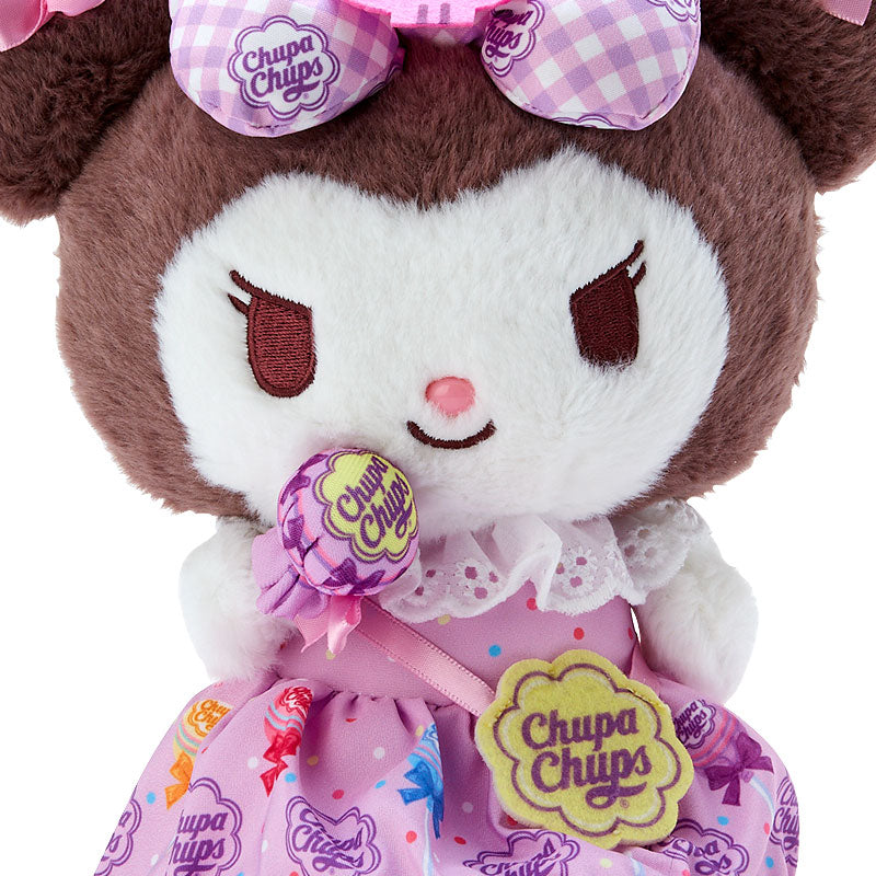 Kuromi Sanrio plush toy side view highlighting the fanny pack and ribbon accents