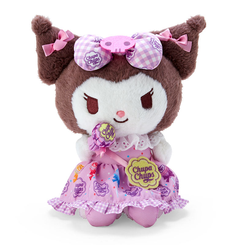 Kuromi plush toy front view in gingham dress with Chupa Chups lollipop