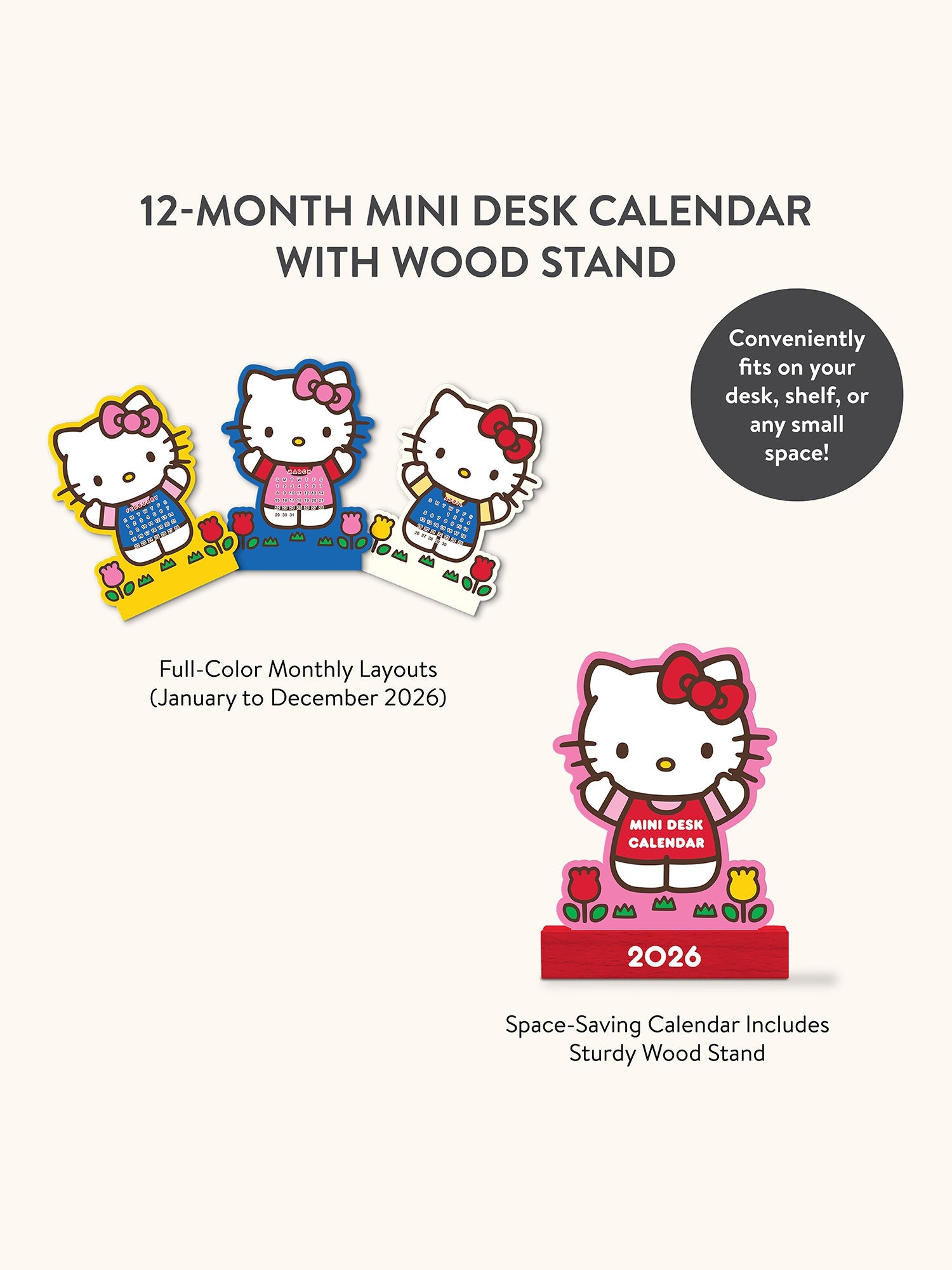 Hello Kitty 2026 mini desk calendar with wooden stand on a desktop