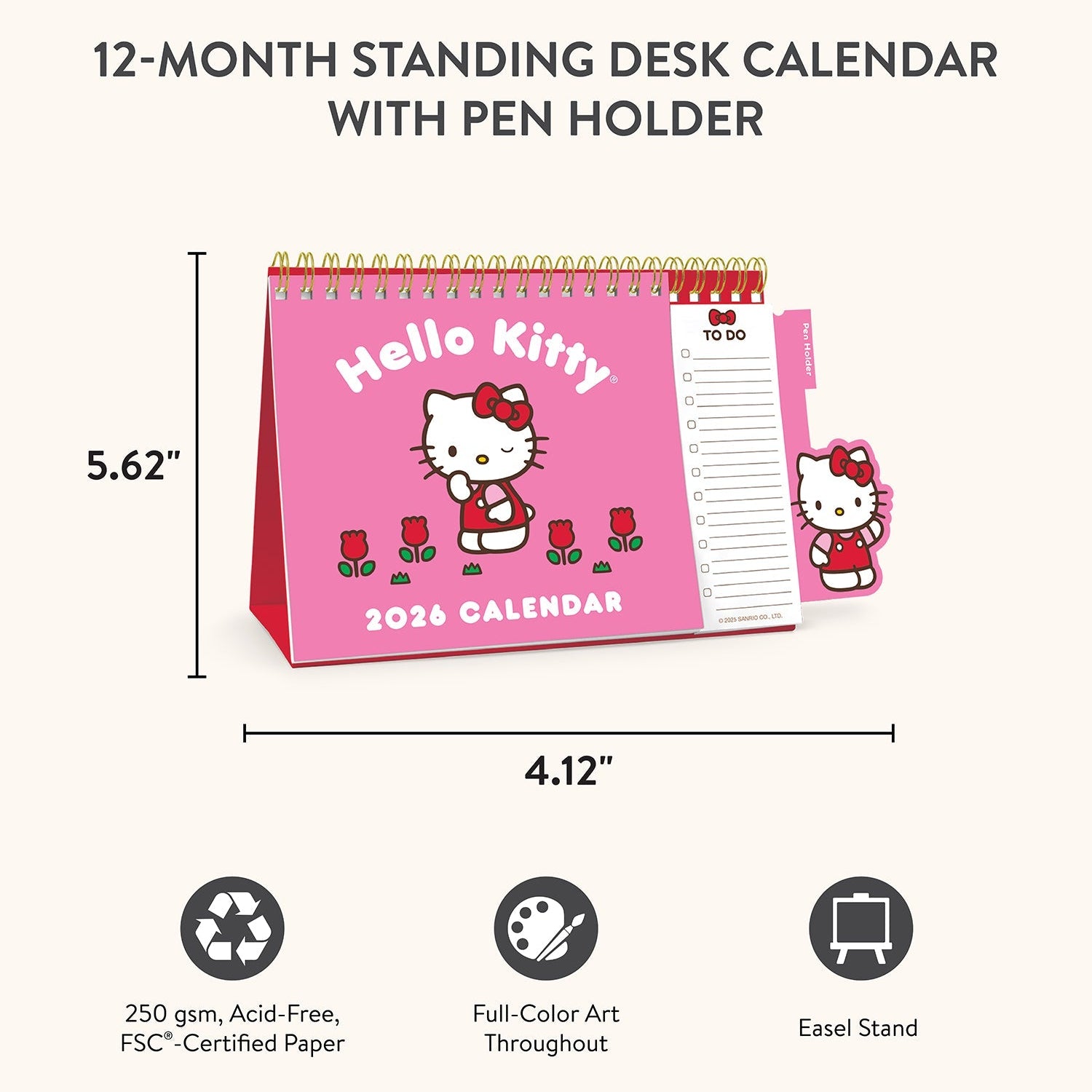 Tear-off to-do list and fold-out pen holder on the charming Hello Kitty calendar.