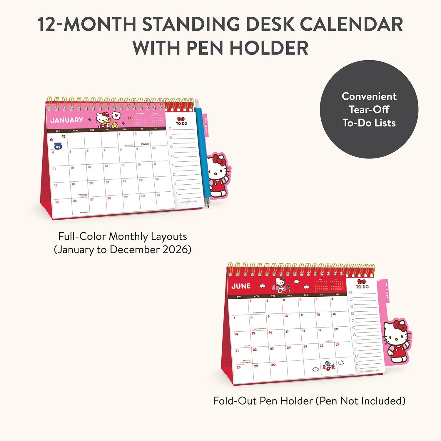 Hello Kitty 2026 desk calendar with colorful pages and pen holder.