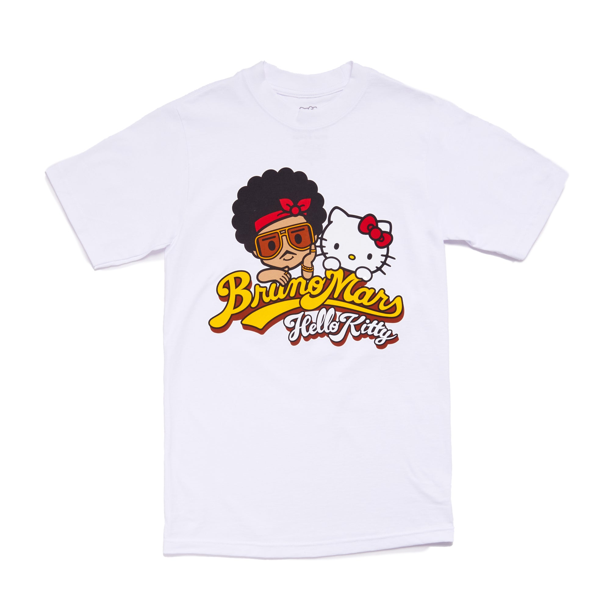 Front view of Hello Kitty and Bruno Mars vintage graphic tee, perfect for birthdays or concerts.