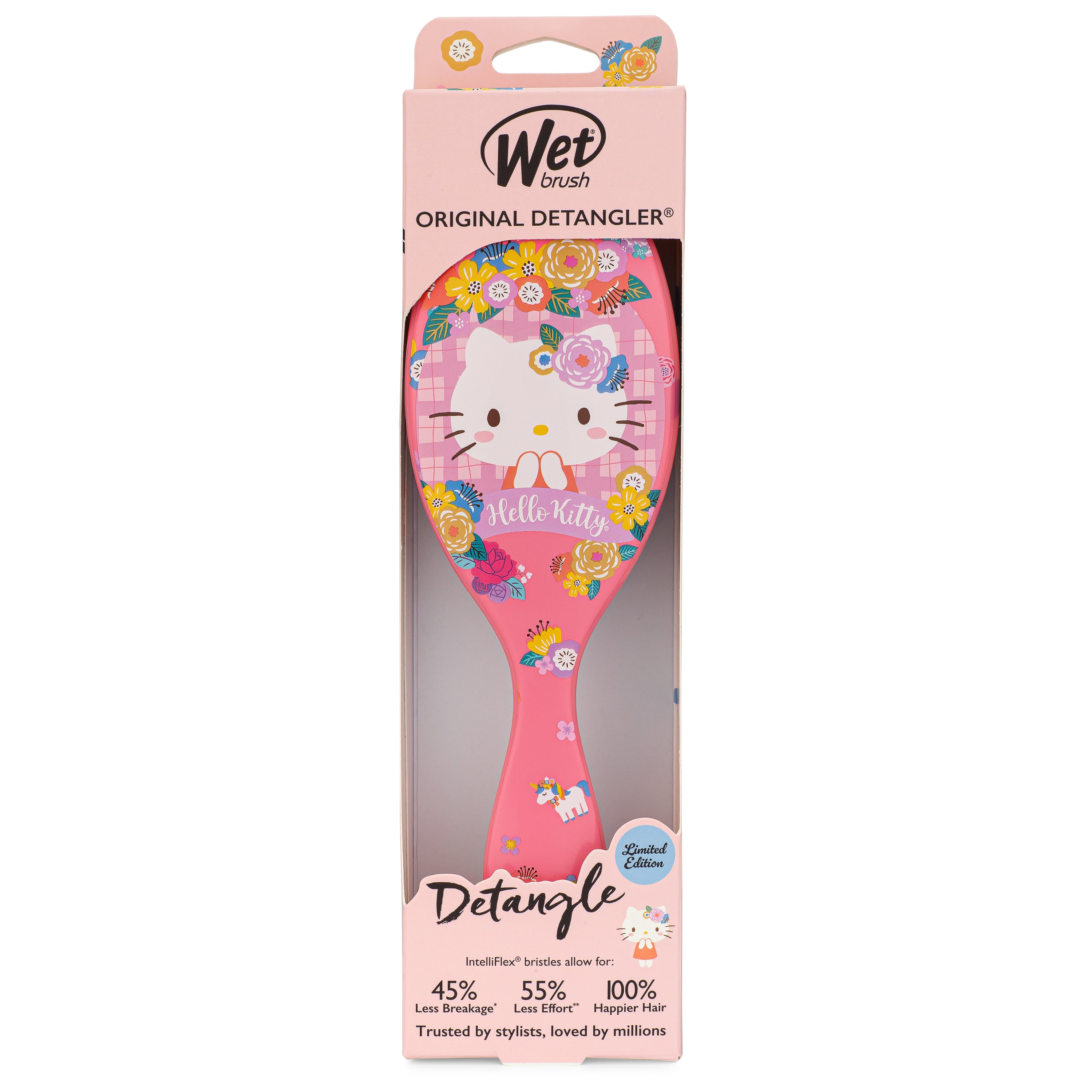 Hello Kitty detangler brush in use on wet hair, perfect for minimizing damage