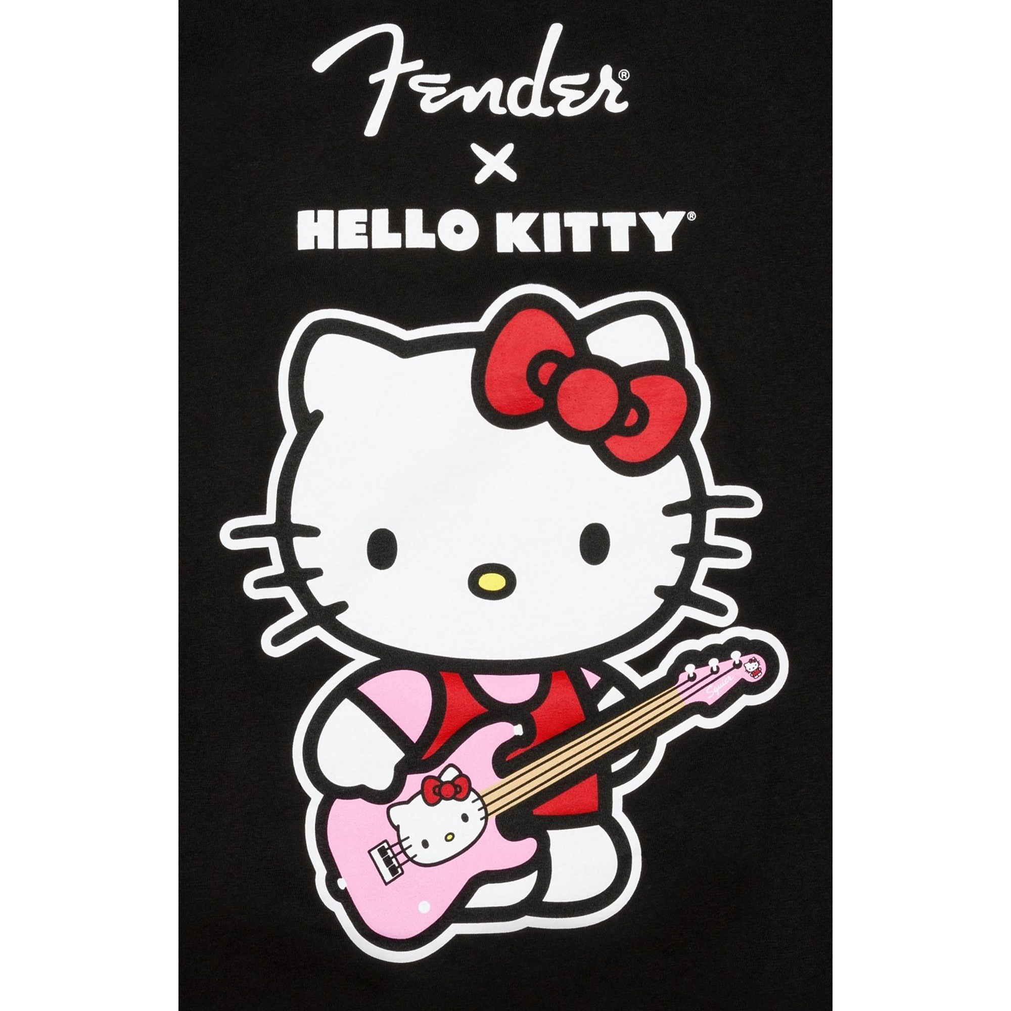 Close-up of the custom Hello Kitty design with Fender logo on the graphic tee