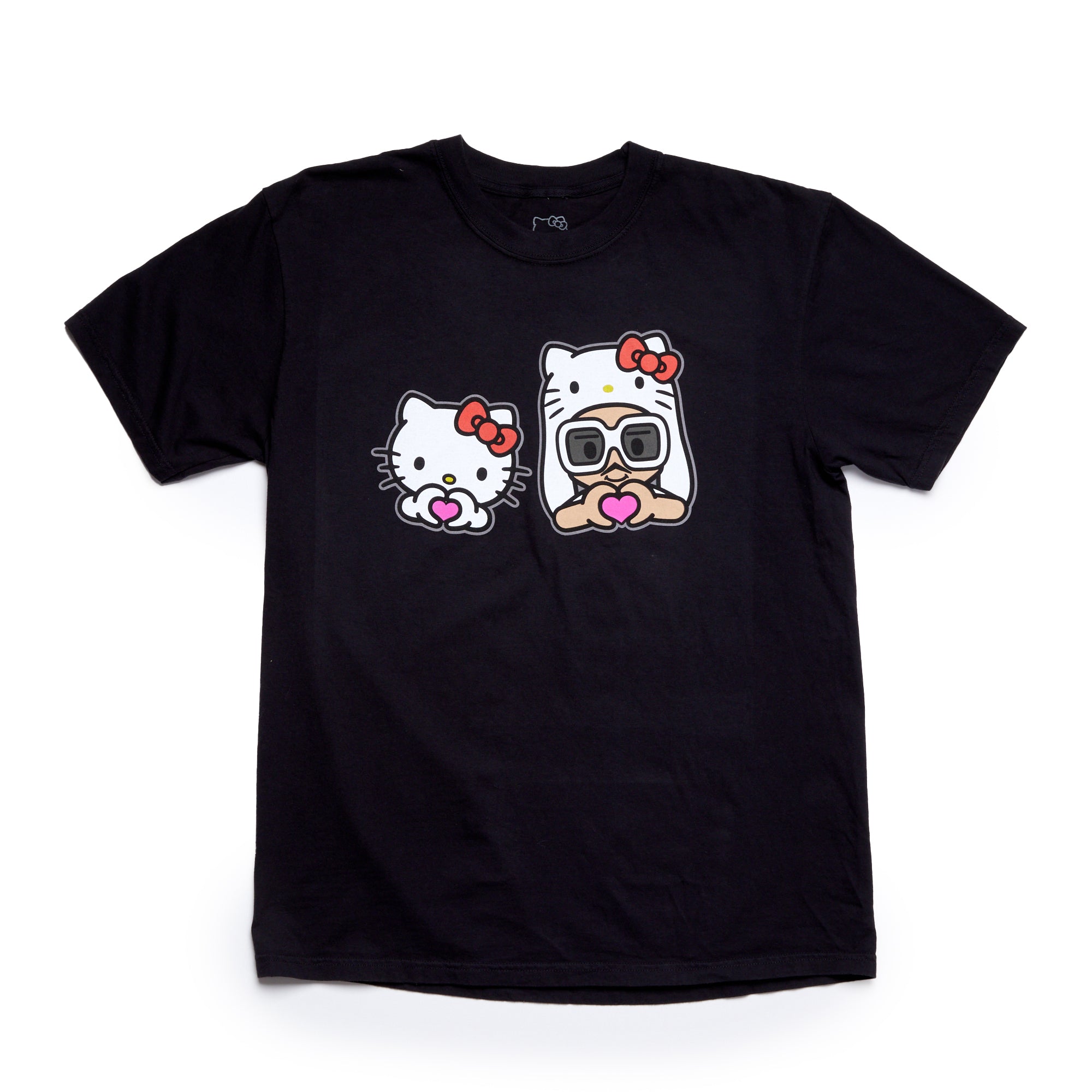 Close-up of the Hello Kitty shirt design with heart hands