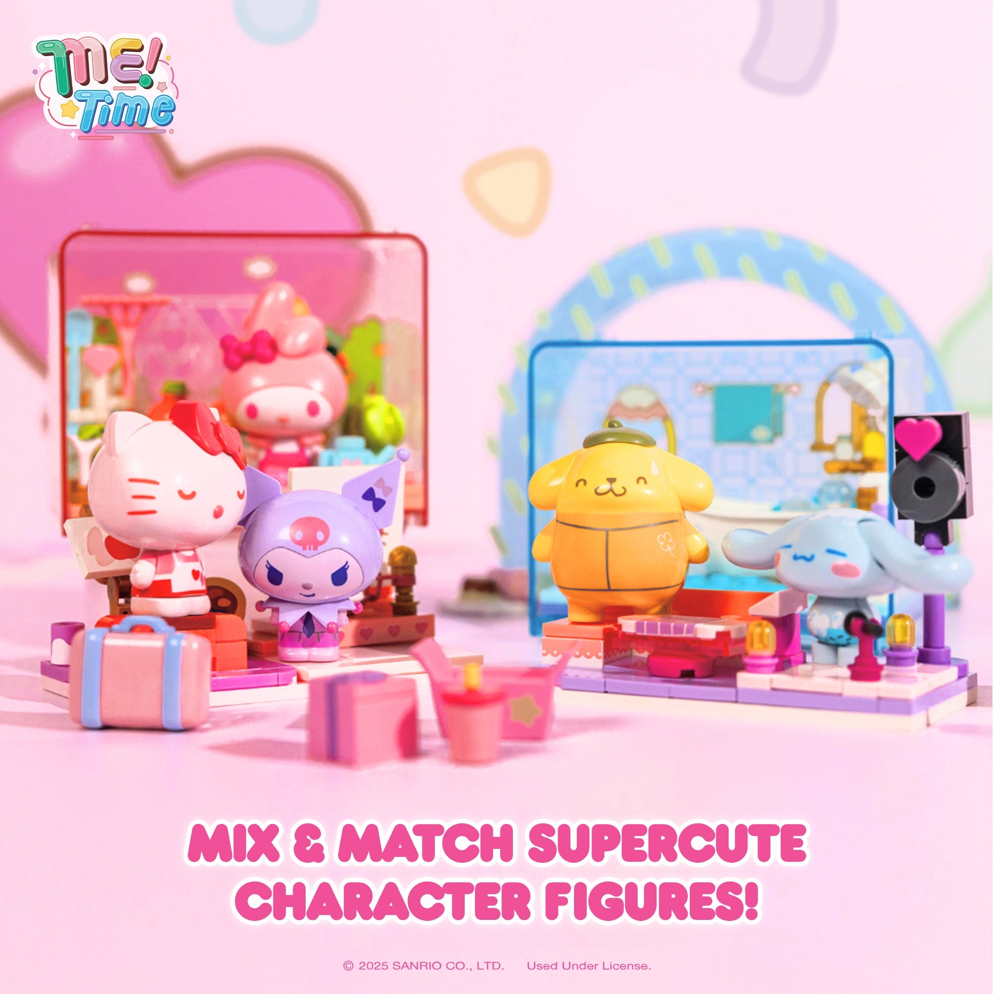 Display case showcasing assembled Hello Kitty building blocks.