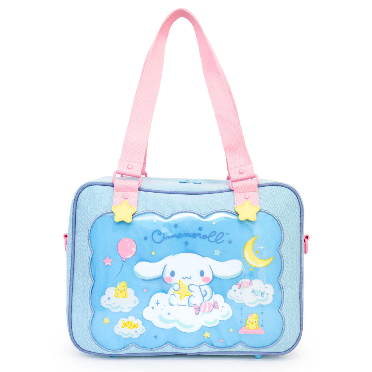 Front view of the Cinnamoroll bag featuring dual transparent panels with plushies