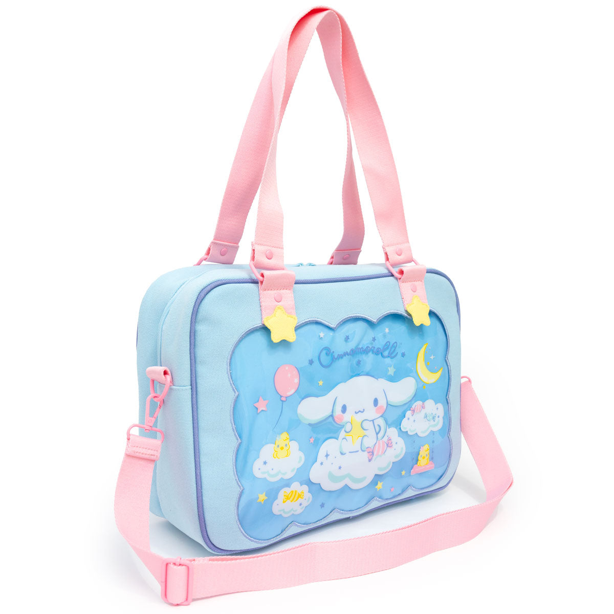 Kawaii duffle bag with plushies and keychains displayed in the clear windows