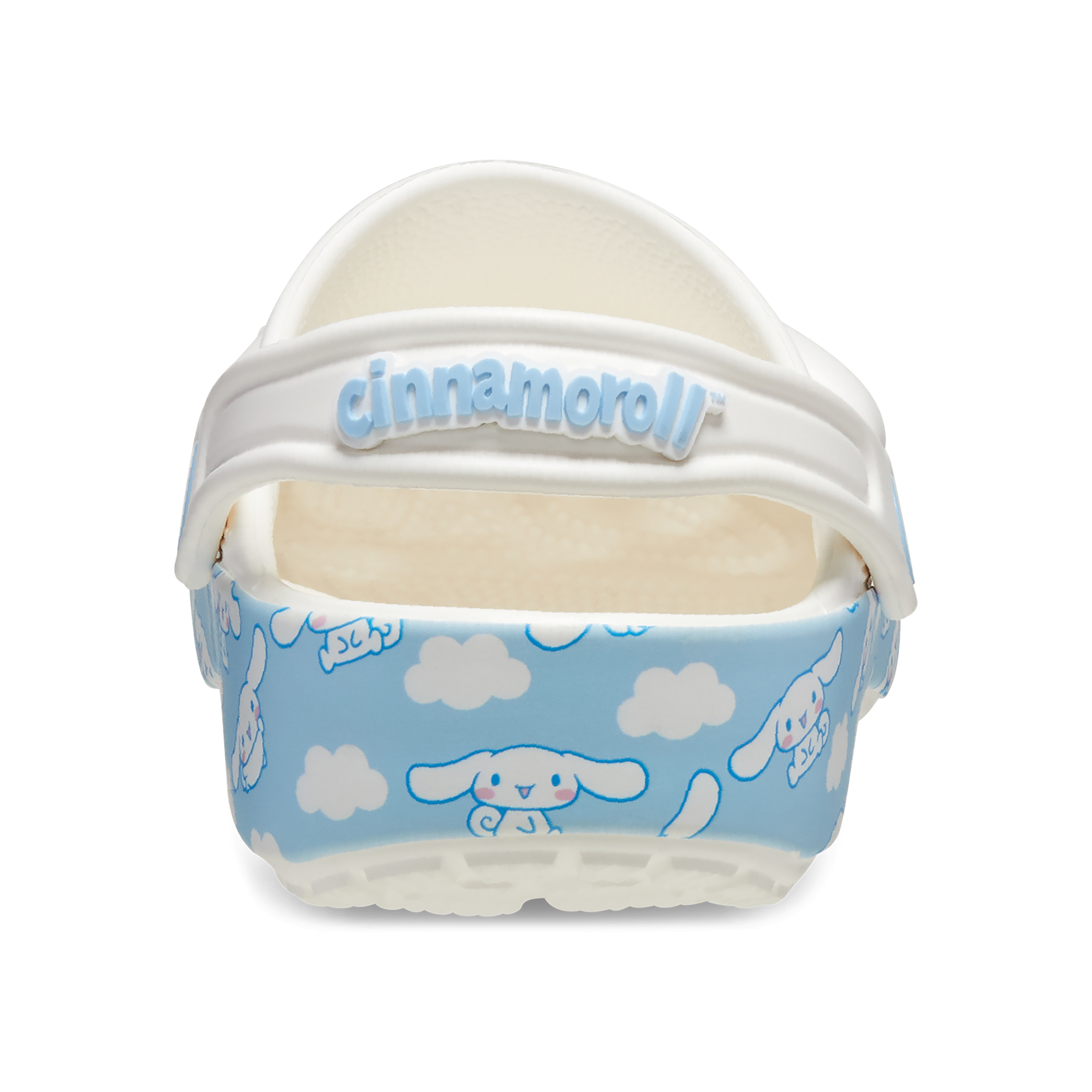 Front view of kids clogs featuring cloud pattern and fixed Cinnamoroll charm.