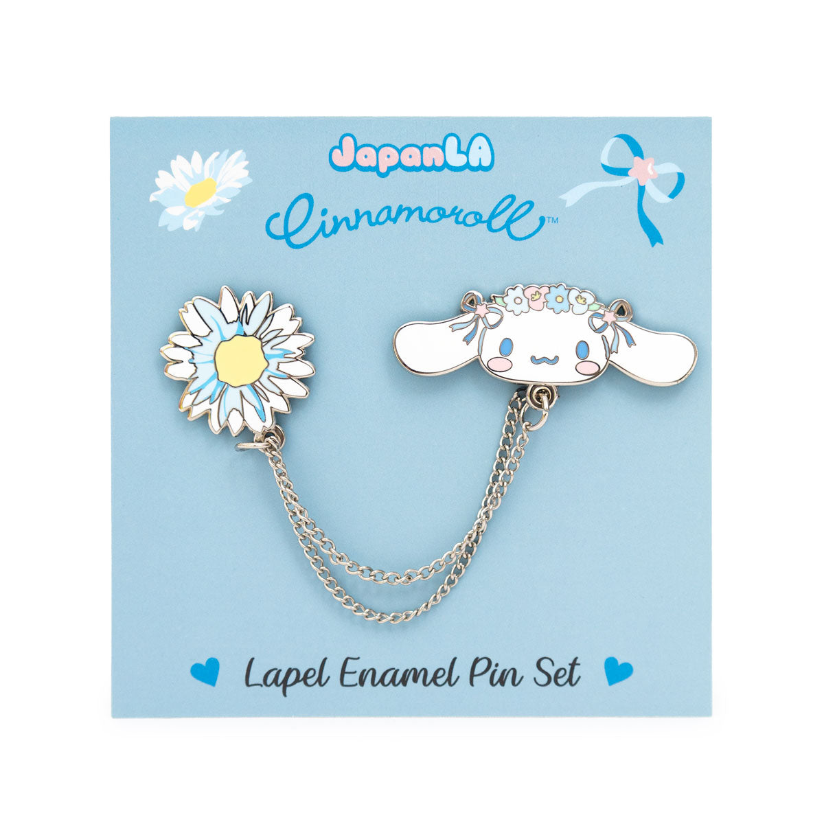 Cinnamoroll floral lapel pin displayed on a denim jacket collar