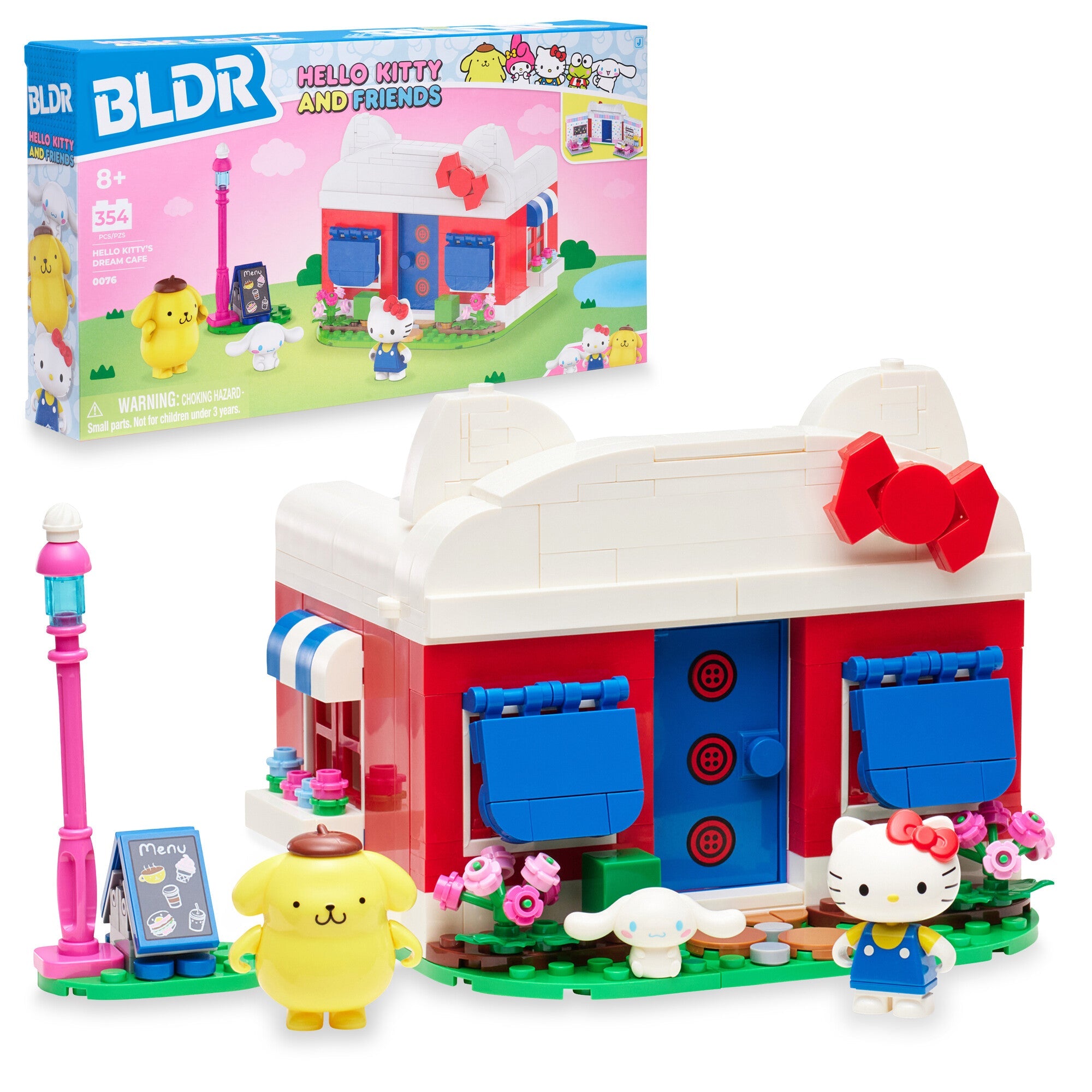 Hello Kitty building set displayed with open cafe walls and mini figures
