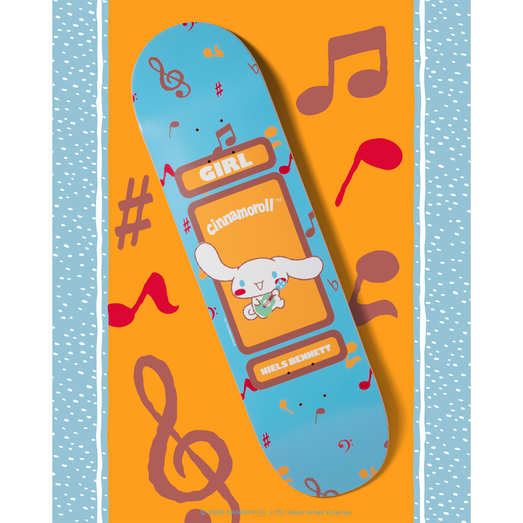 Skateboard deck mounted on a wall, perfect for display.