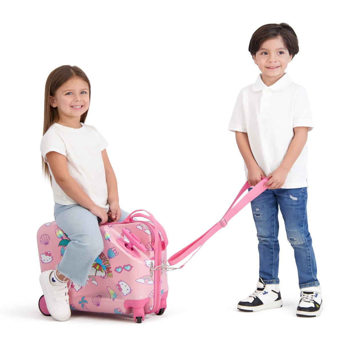 Side view of Hello Kitty luggage showing wheels and footrest for airport mobility