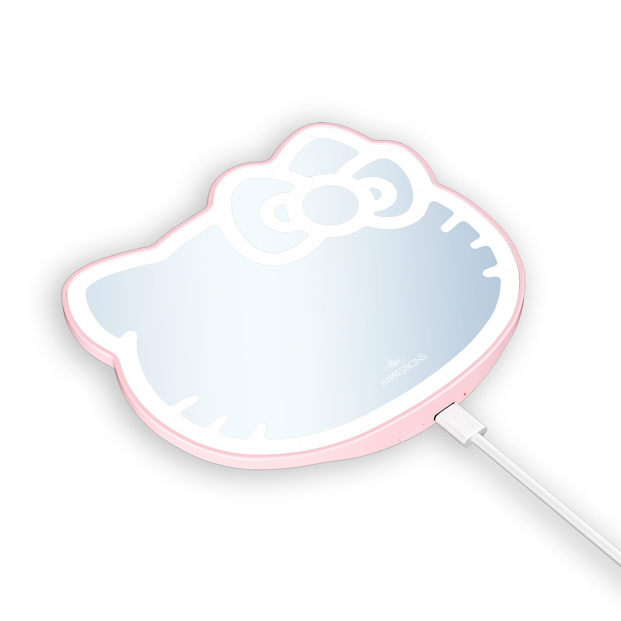 Close-up of Hello Kitty LED mirror showing adjustable brightness settings
