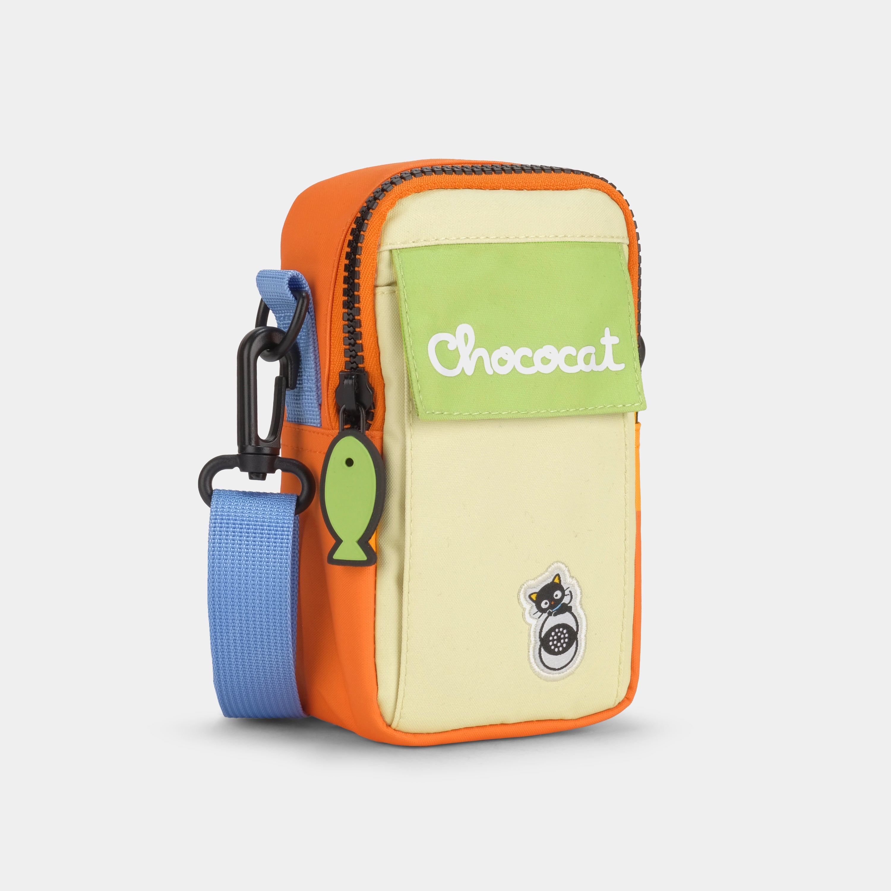 Front view of the Chococat 35mm camera bag with zipper compartments and adjustable strap.