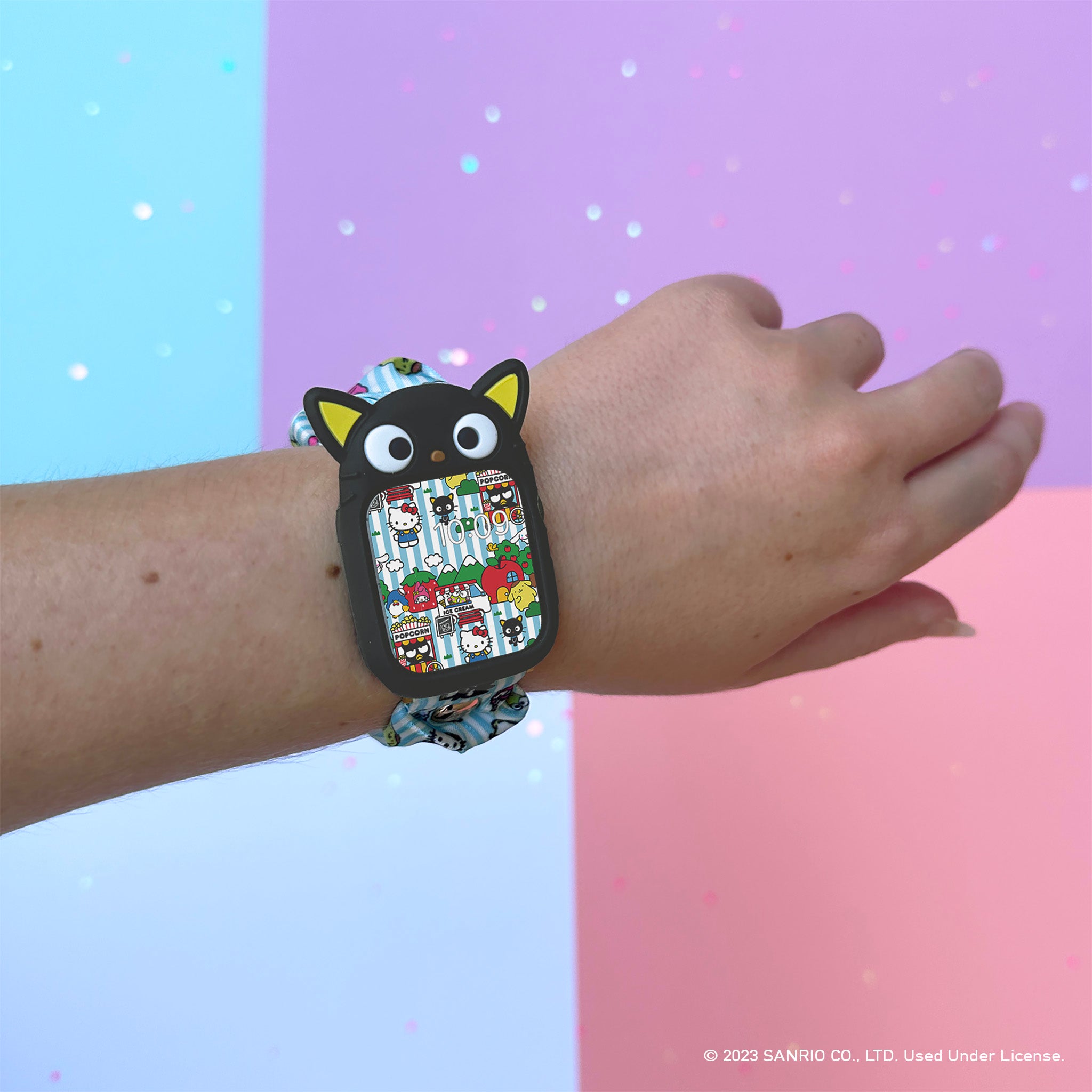 Chococat Silicone Apple Watch Bumper Case installed on an Apple Watch, demonstrating its protective features
