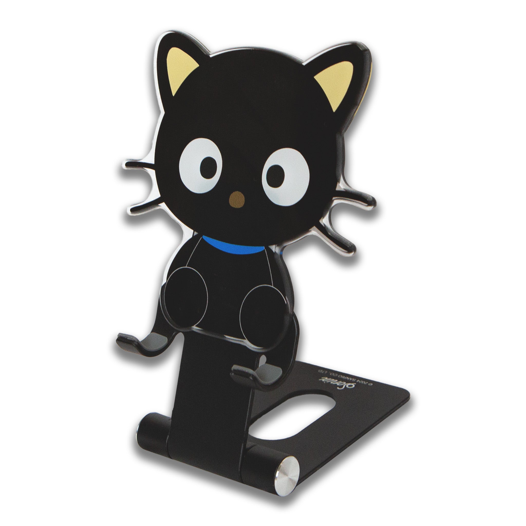 Chococat phone stand on a nightstand, used for watching videos, with a cozy bed in the background