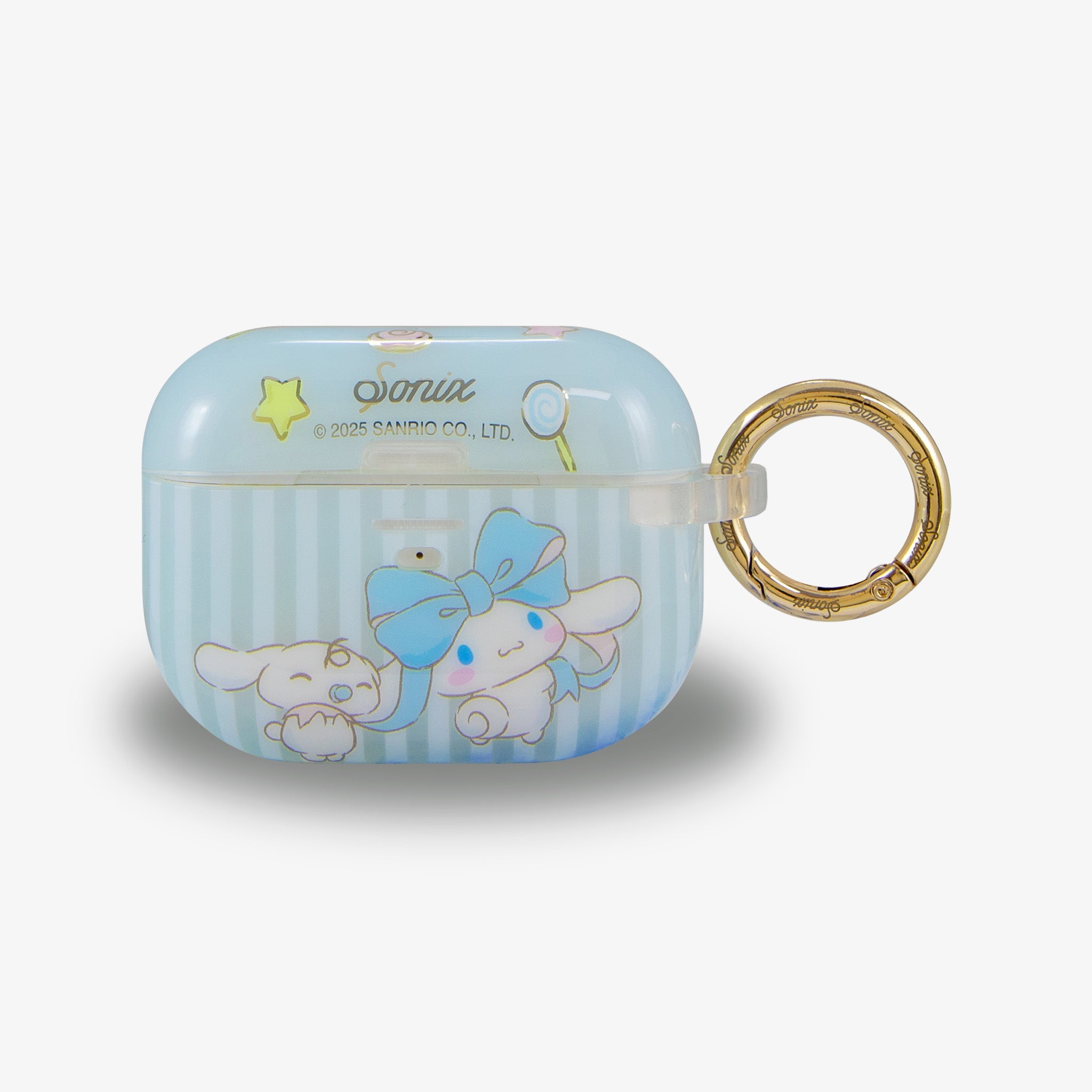 Front view of cute AirPods Pro case featuring Cinnamoroll with blue ribbon