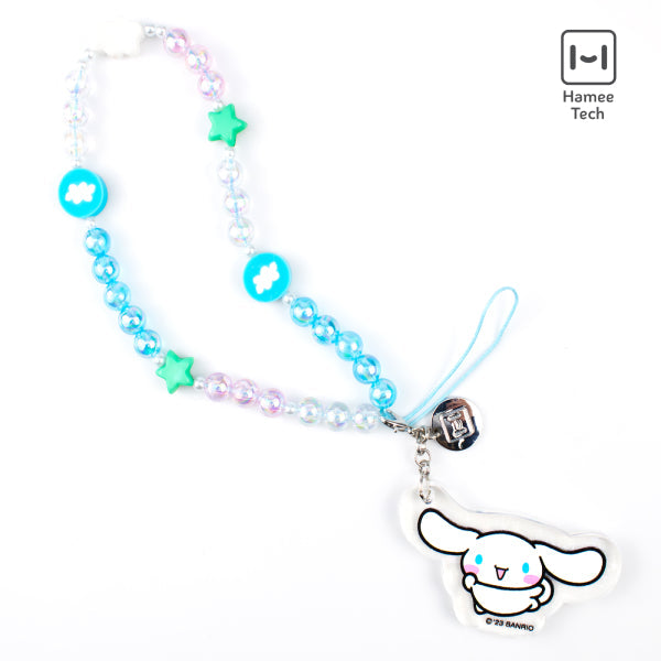 Beaded phone wrist strap with Cinnamoroll charm attached to a smartphone