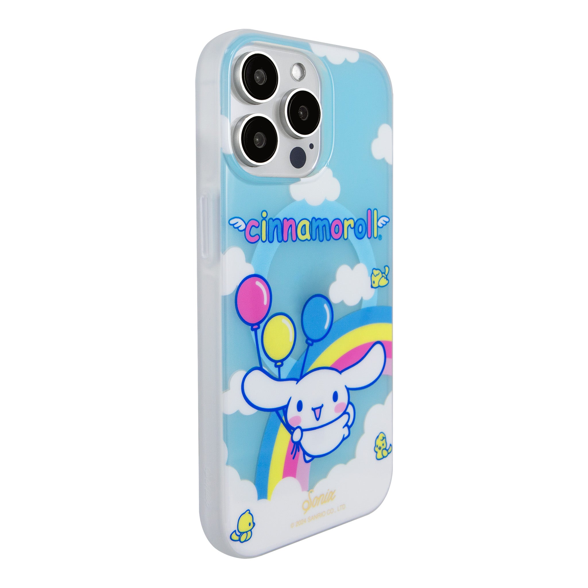 Cinnamoroll phone case showcasing fluffy clouds and rainbows
