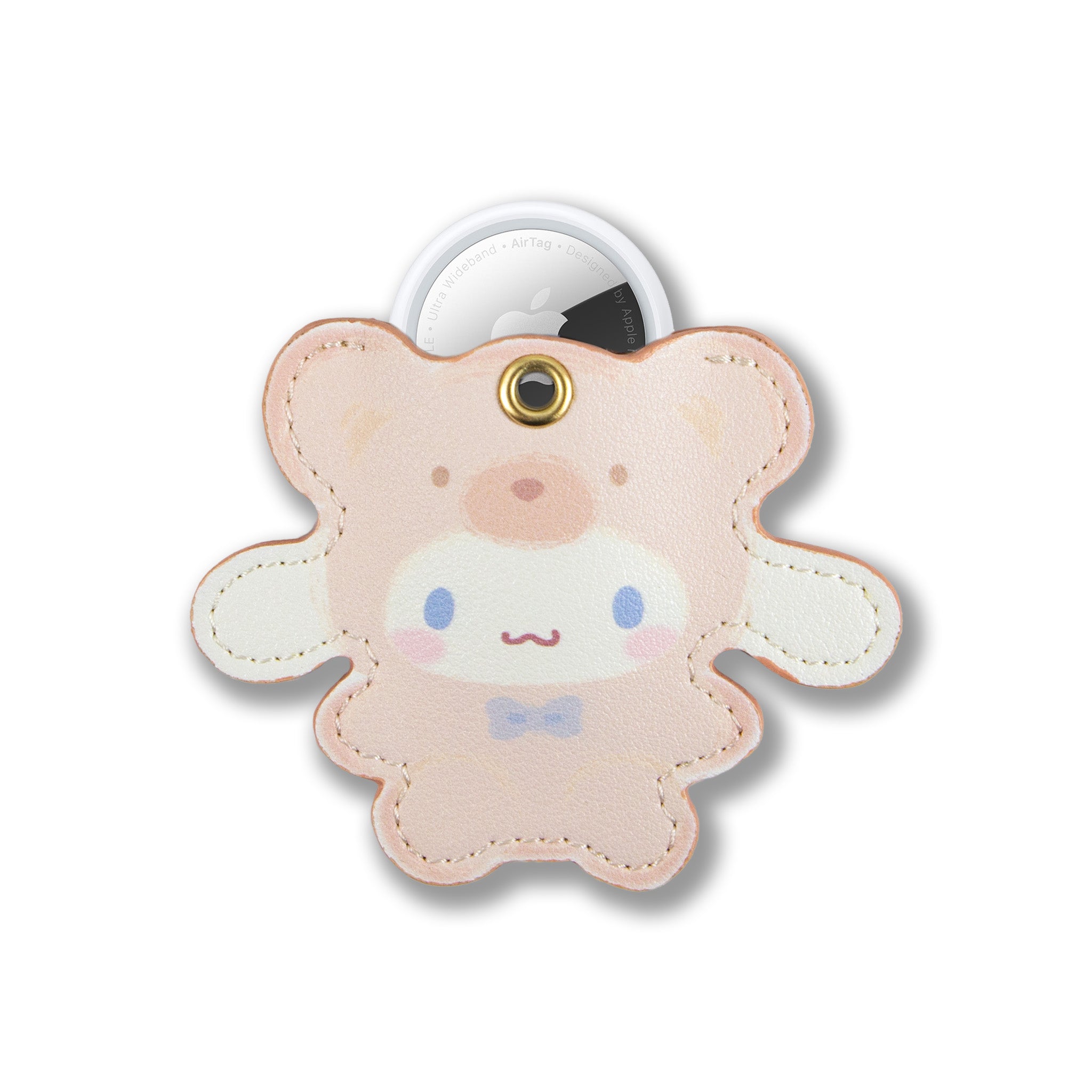 Close-up of Cinnamoroll charm on vegan leather AirTag keychain