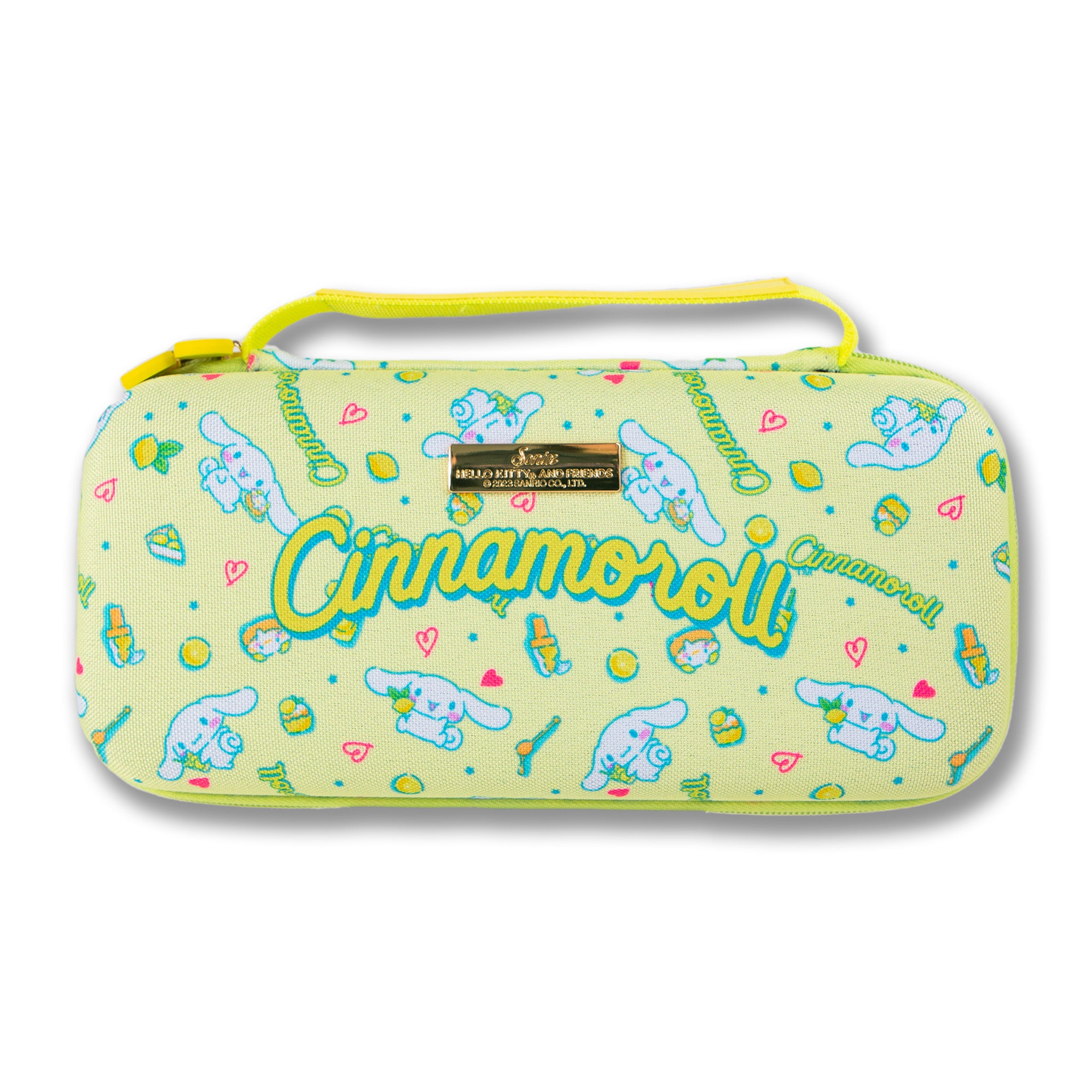 Front view of Cinnamoroll Nintendo Switch carrying case in vibrant design.