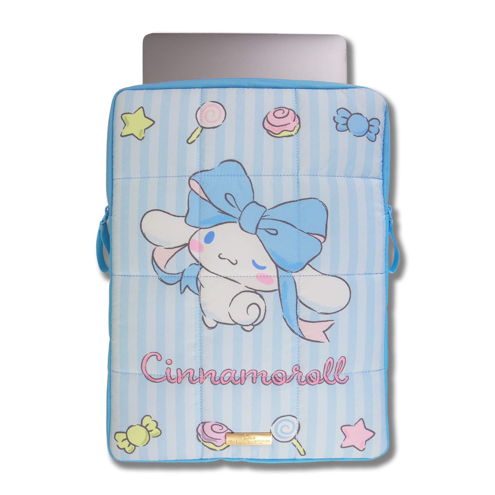 Cinnamoroll laptop sleeve open, showing inner padded compartment