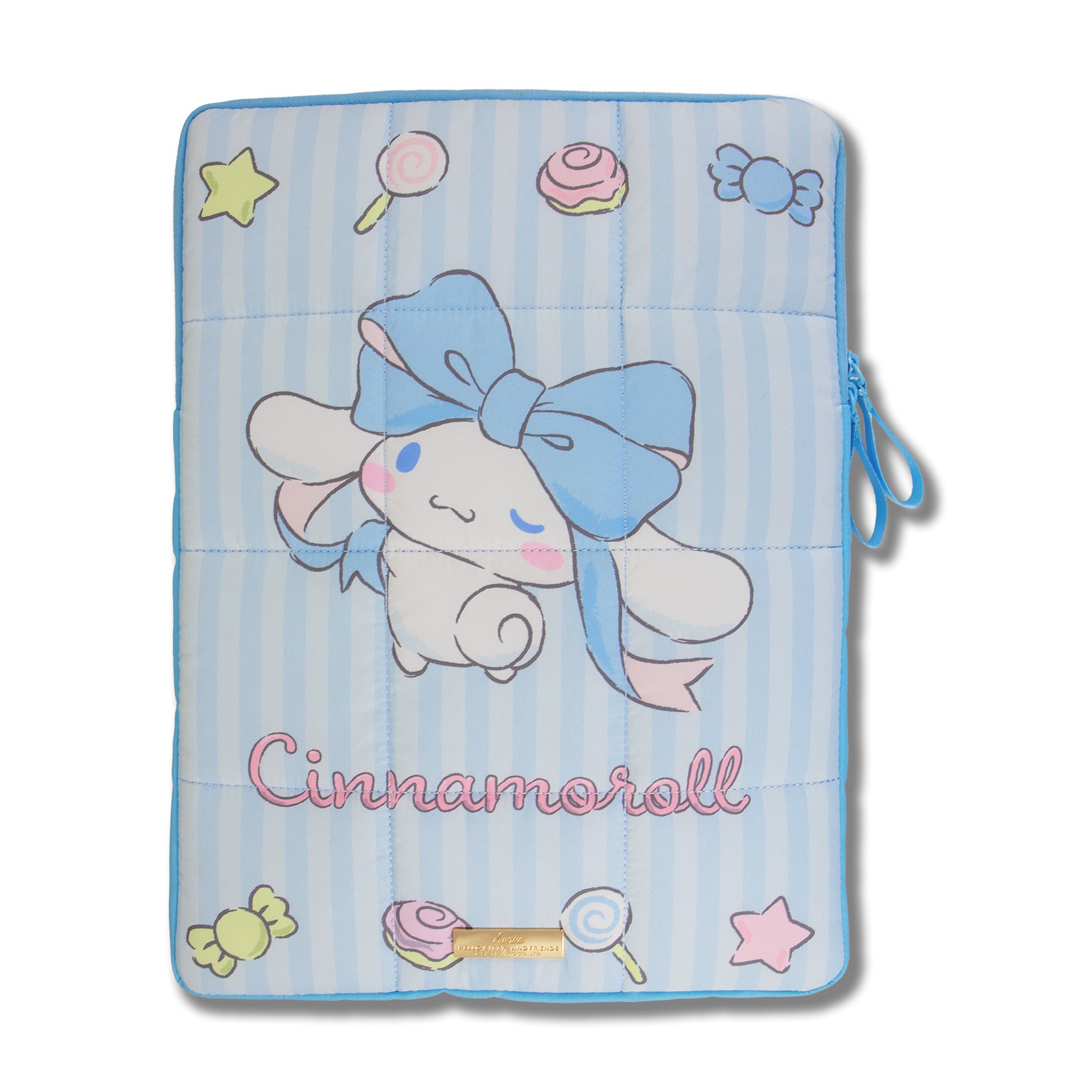 Close-up of Cinnamoroll puffy laptop sleeve showing blue ribbon details and zipper